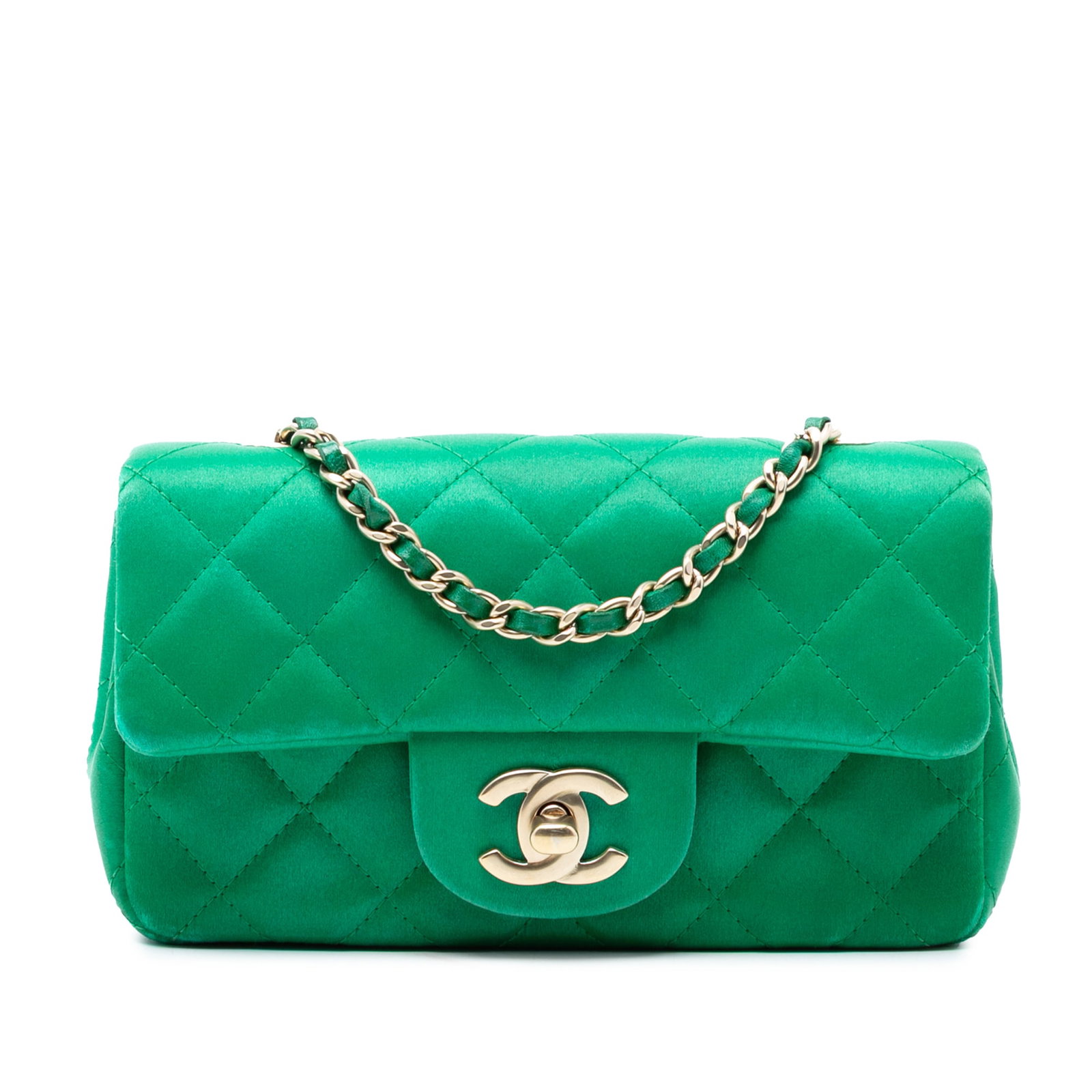 Chanel Extra Mini Rectangular Satin Flap Bag: Chanel Extra Mini Rectangular Satin Flap Bag This Chanel Extra Mini Rectangular Classic Satin Single Flap bag features a quilted satin body complemented by a leather-woven chain link shoulder strap. I