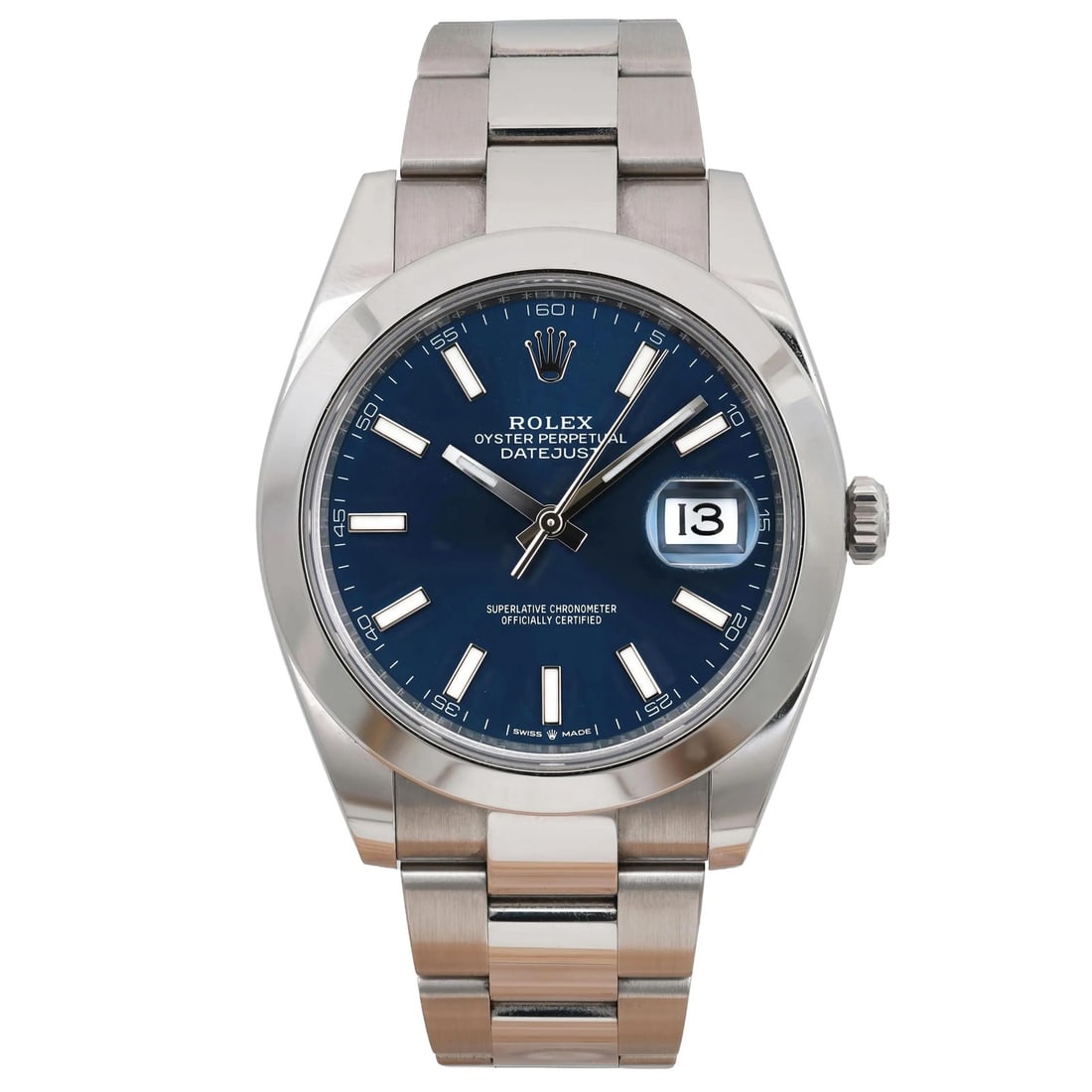 Rolex Datejust 126300 41mm Blue Dial Steel Oyster Automatic Men's Watch: Rolex Datejust 126300 41mm Blue Dial Steel Oyster Automatic Men's Watch This Rolex Datejust 41 is a men's automatic wristwatch featuring a striking blue sunburst dial with stick index markers and a sm