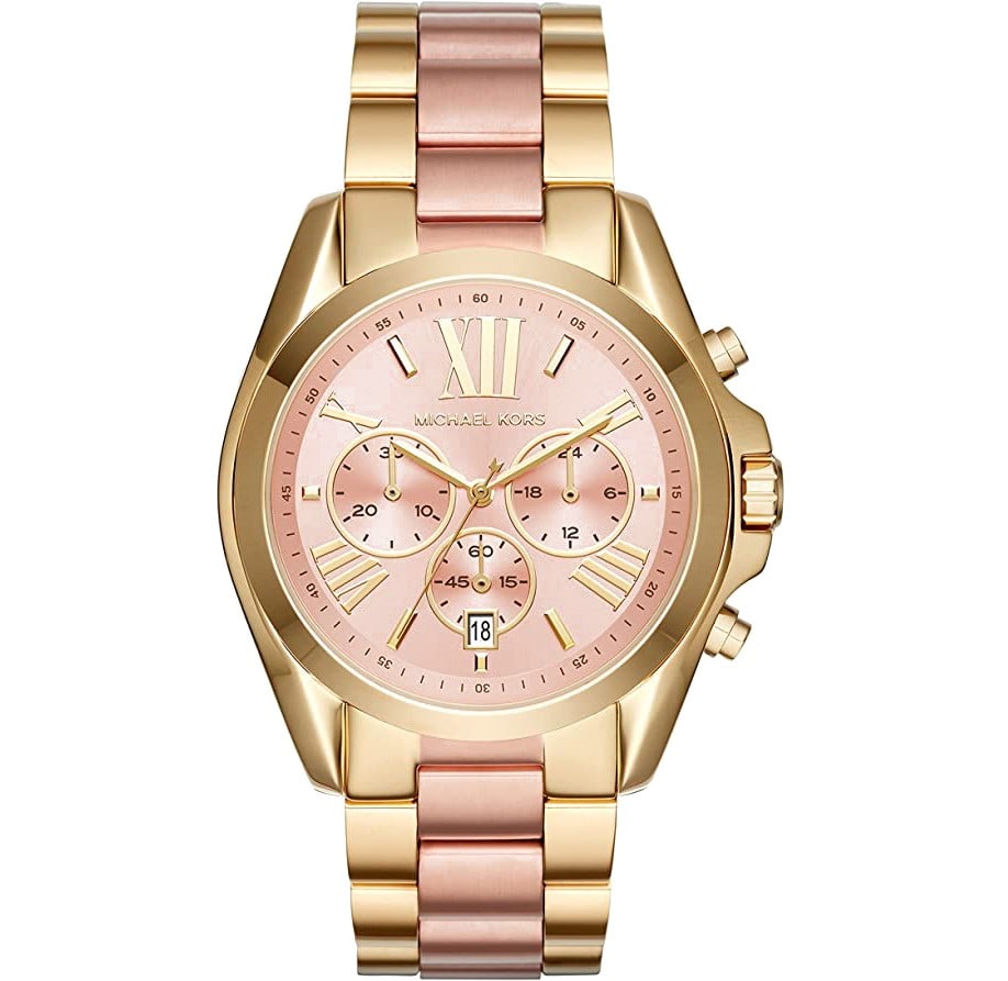 Michael Kors Bradshaw womens bracelet watch rose gold dial steel case MK6359: Michael Kors Bradshaw womens bracelet watch rose gold dial steel case MK6359 Michael Kors Bradshaw ladies wristwatch with a rose gold-tone dial and stainless steel bracelet in gold-tone and rose gold-