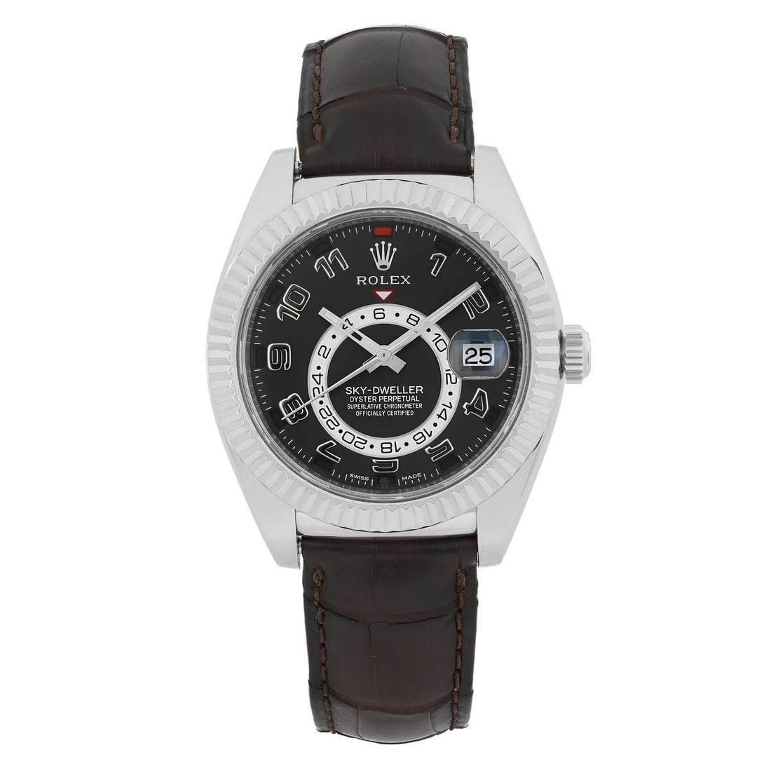 Rolex Sky-Dweller 18K White Gold Black Dial Luxury Automatic Watch 326139: Rolex Sky-Dweller 18K White Gold Black Dial Luxury Automatic Watch 326139 Experience the luxury of time with this Rolex Sky-Dweller wristwatch, crafted from 18K white gold. Featuring a striking black 