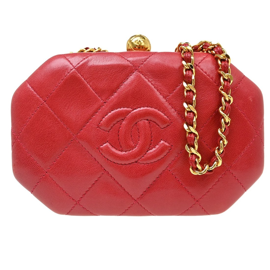 Chanel Quilted Small Shoulder Bag in Red Lambskin Kiss Lock: Chanel Quilted Small Shoulder Bag in Red Lambskin Kiss Lock Small Chanel shoulder bag in red lambskin with a kiss lock closure and chain shoulder strap. The bag features a black lining and one interio