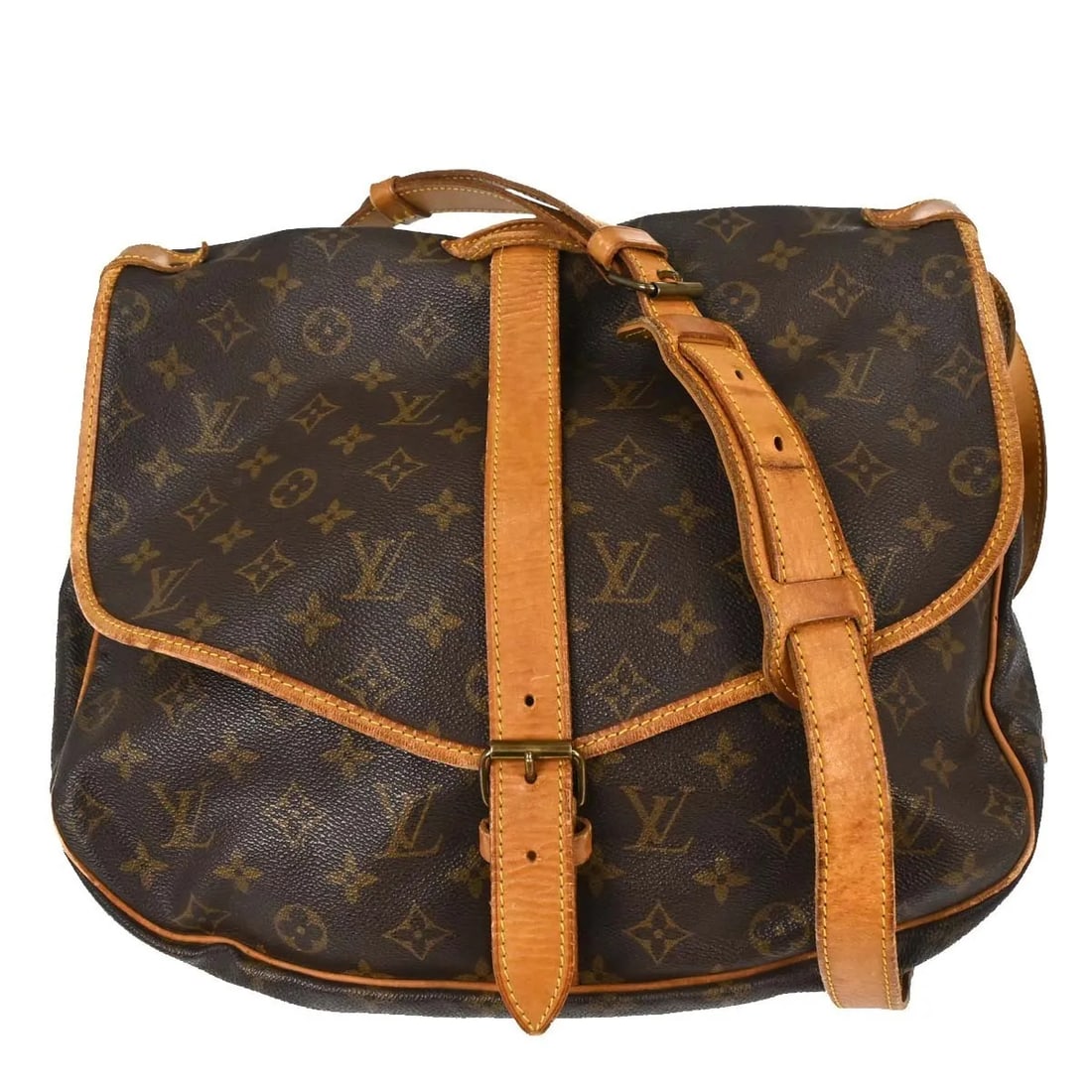 Louis Vuitton Saumur Unisex Brown Monogram Canvas Shoulder Bag: Louis Vuitton Saumur Unisex Brown Monogram Canvas Shoulder Bag Louis Vuitton Saumur bag in brown canvas, designed for unisex use. This piece is in fair condition with visible wear, including scuffs an