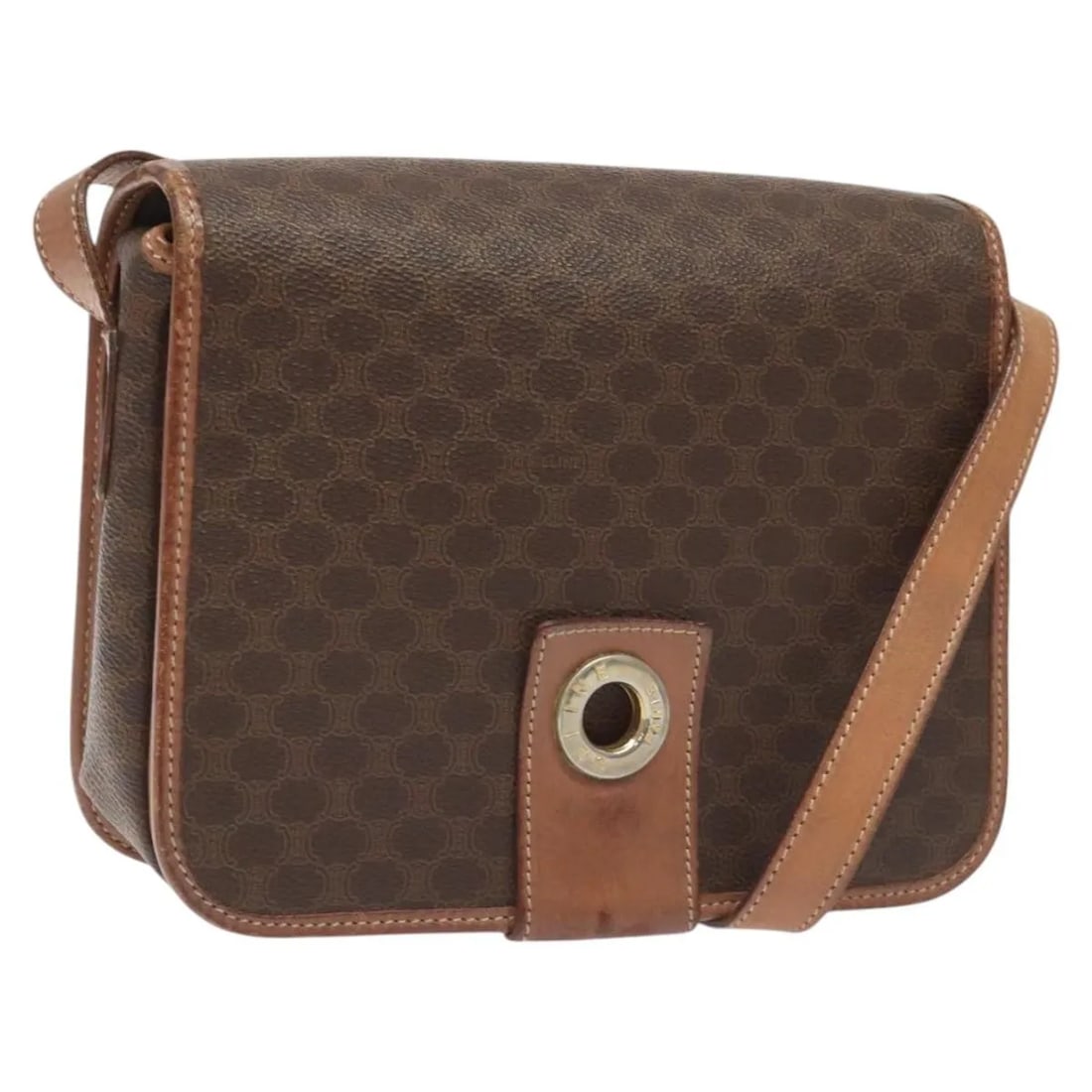 Celine Vintage Macadam Circle Logo Shoulder Bag Canvas Leather: Celine Vintage Macadam Circle Logo Shoulder Bag Canvas Leather This Celine Vintage Macadam Circle Logo Shoulder Bag is crafted from durable canvas with leather accents, featuring the iconic Macadam ci
