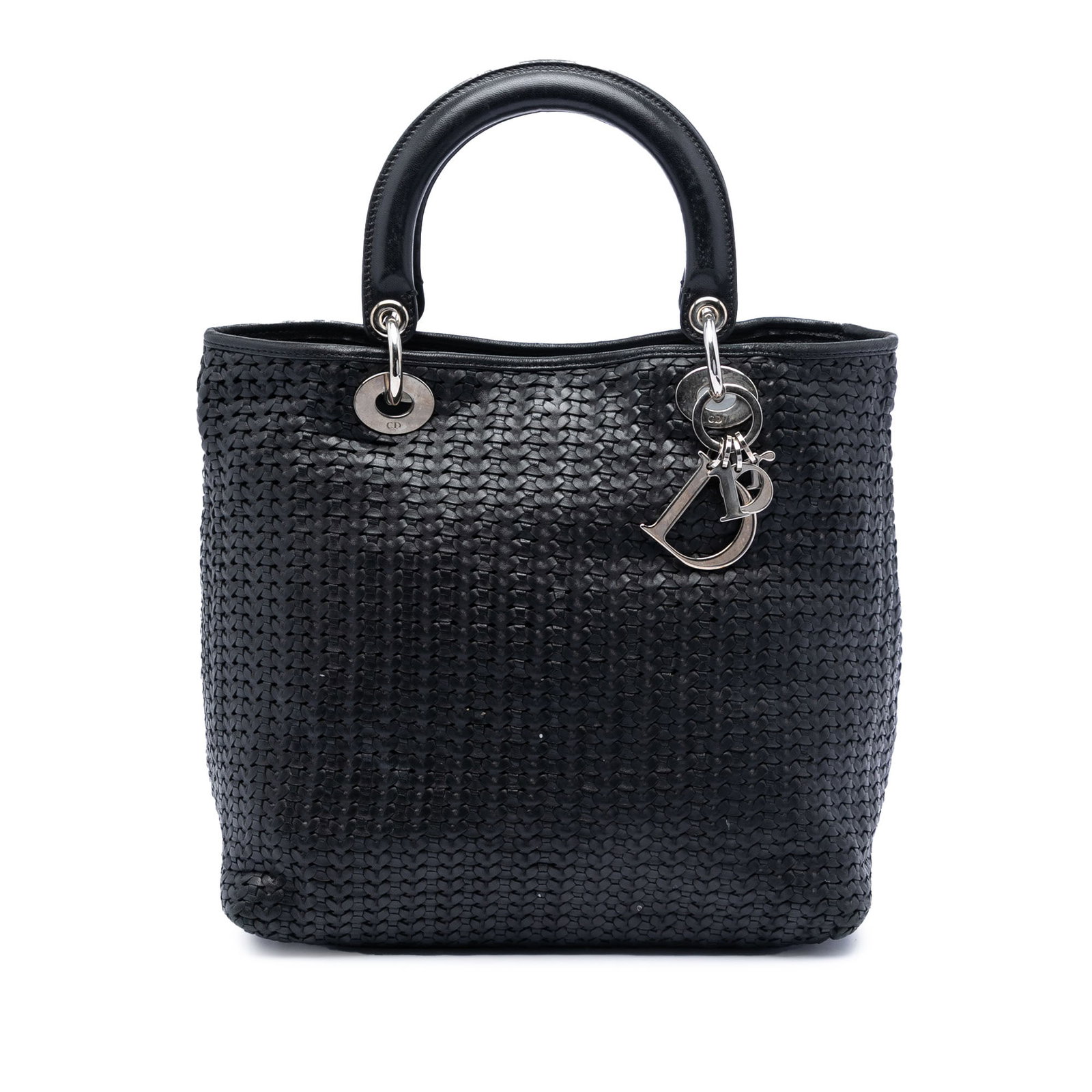 Dior Lady Dior woven calfskin handbag medium black: Dior Lady Dior woven calfskin handbag medium black This Medium Woven Calfskin Soft Lady Dior handbag features a distinctive woven leather body in black, complemented by rolled handles and an open top 
