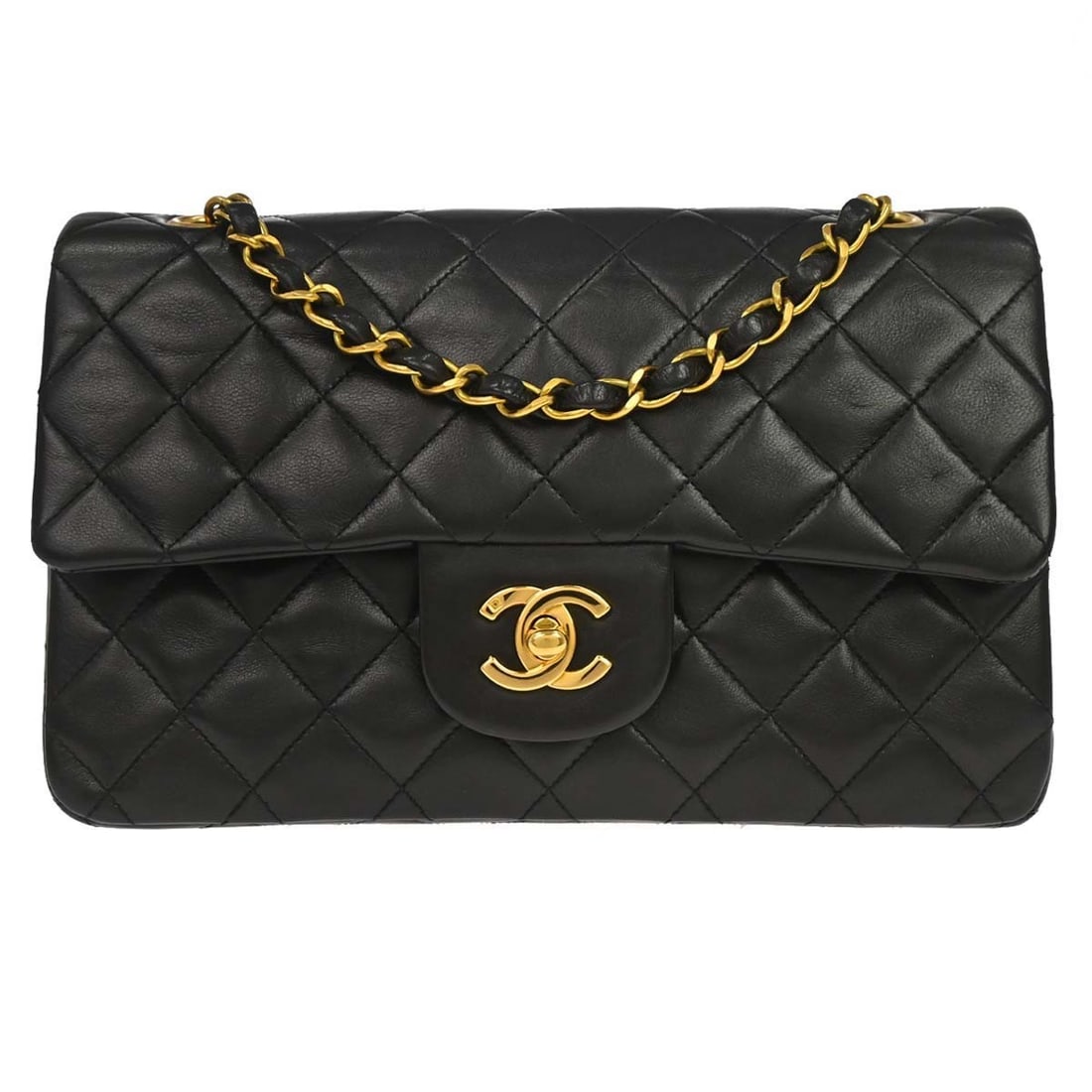 CHANEL Classic Double Flap Small Black Lambskin Shoulder Bag: CHANEL Classic Double Flap Small Black Lambskin Shoulder Bag Chanel Small Classic Double Flap shoulder bag in black lambskin with matelasse quilting and a flap turnlock closure. This women's shoulder 