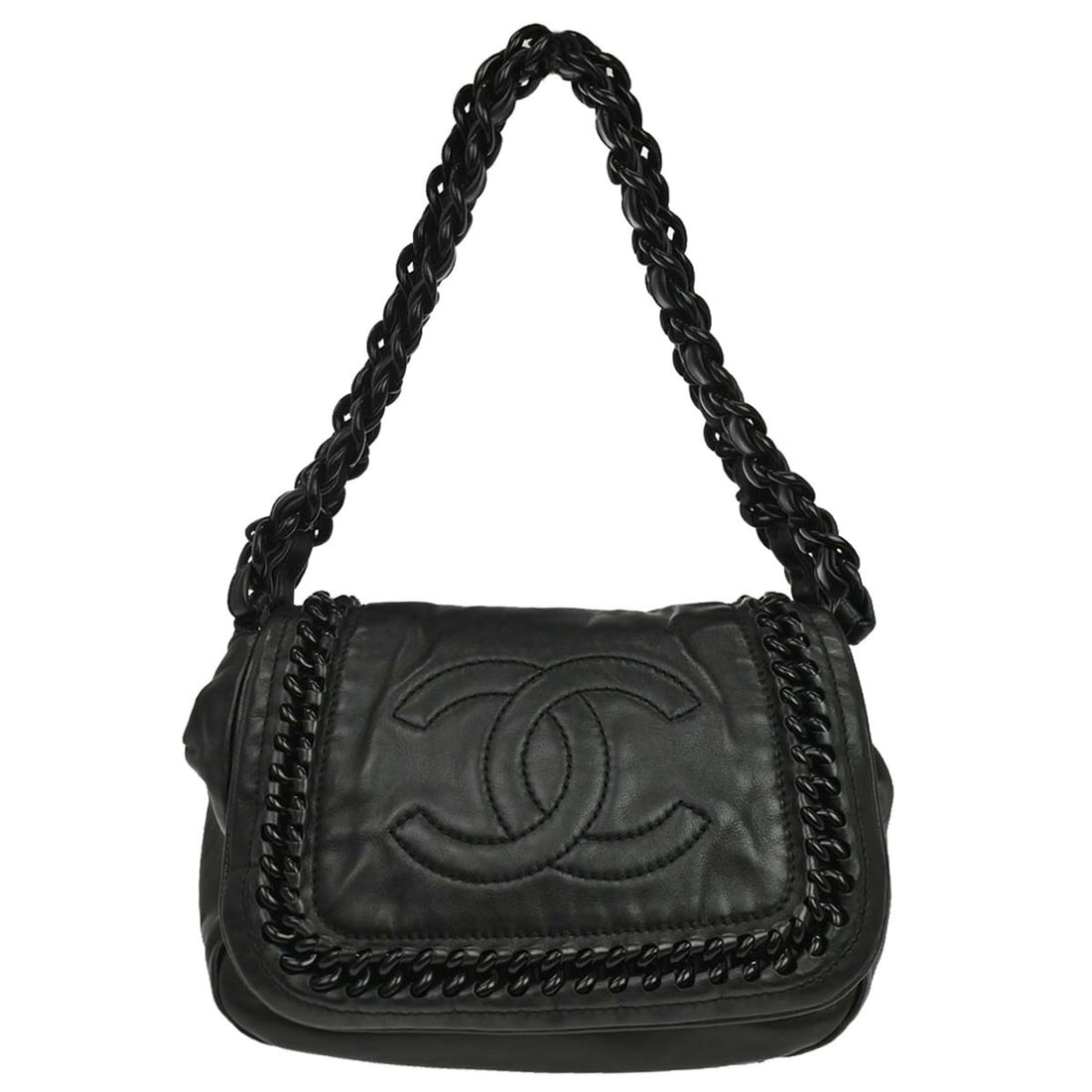 CHANEL Luxury Line Top Handle Bag Black Calfskin Quilted: CHANEL Luxury Line Top Handle Bag Black Calfskin Quilted Chanel Luxury Line handbag in black calfskin with a matelasse quilted design and top handle silhouette. This medium bag features a magnetic clo