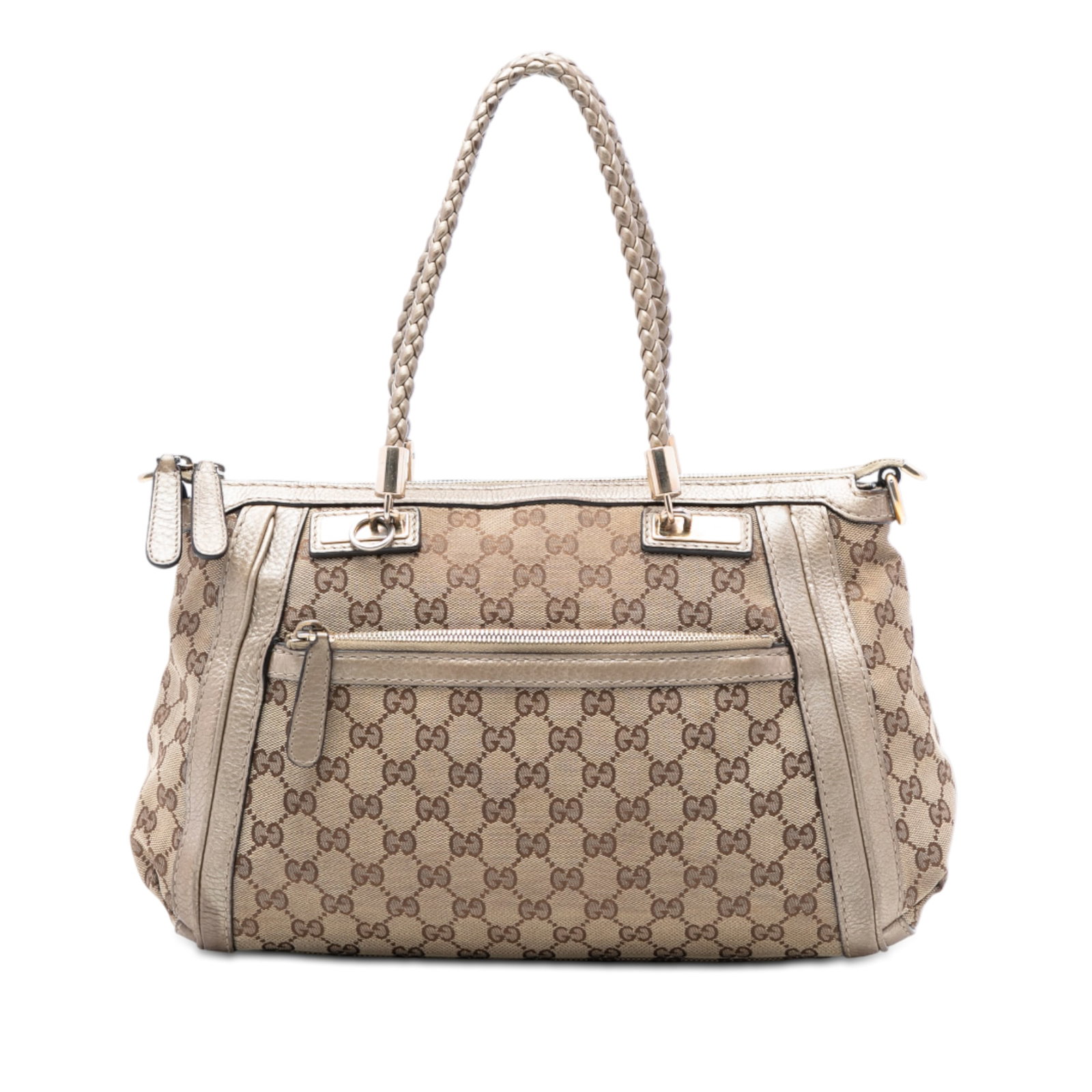 Gucci Bella GG Canvas Beige Satchel with Braided Leather Handles: Gucci Bella GG Canvas Beige Satchel with Braided Leather Handles This Gucci GG Canvas Bella Satchel features a beige canvas body with leather trim, braided leather handles, a top zip closure, an exter