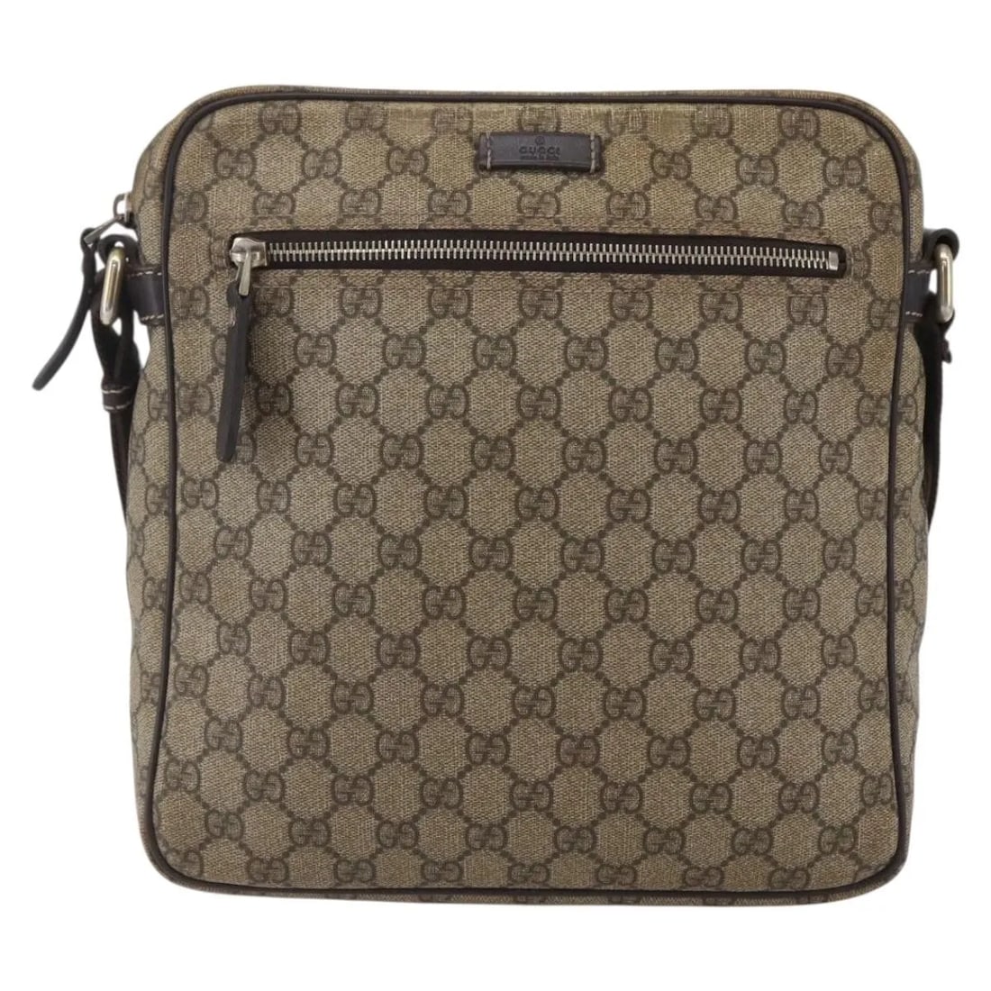 Brown GG Canvas Messenger Bag with Front Zipper by Gucci: Brown GG Canvas Messenger Bag with Front Zipper by Gucci This Gucci Front Zip Messenger bag is crafted from GG coated canvas in brown and designed for female users. It features a front zip closure and