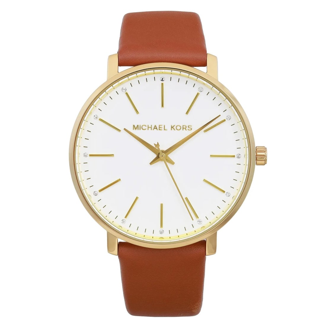 Michael Kors Pyper womens quartz watch white dial brown leather strap MK2740: Michael Kors Pyper womens quartz watch white dial brown leather strap MK2740 Pre-owned Michael Kors Pyper ladies wristwatch with a white analog dial, gold-tone stainless steel case, and brown leather 