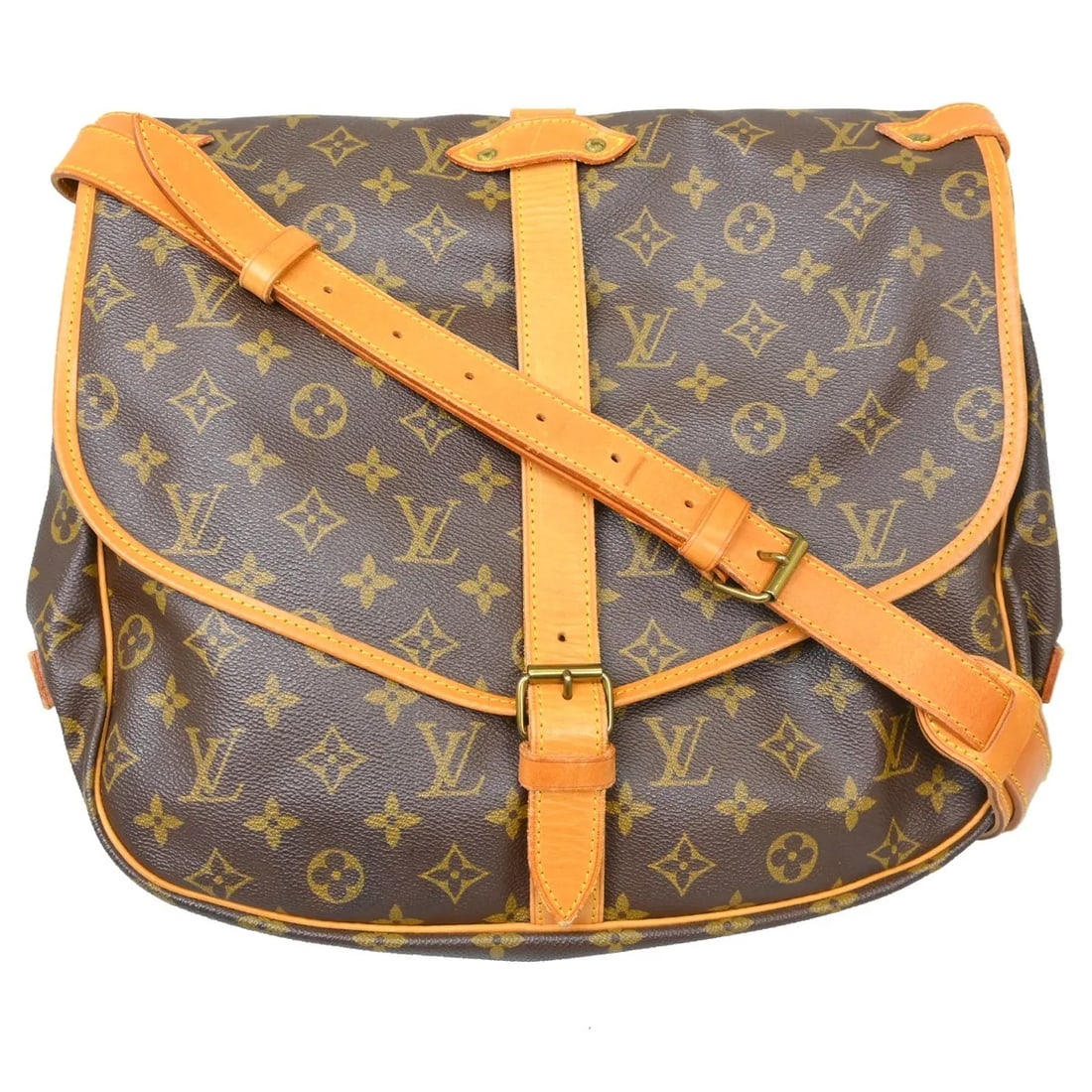 Louis Vuitton Saumur Brown Monogram Canvas Handbag: Louis Vuitton Saumur Brown Monogram Canvas Handbag This Louis Vuitton Saumur Handbag is crafted from the brand's iconic monogram canvas in brown and is designed for unisex use. The bag shows visible s