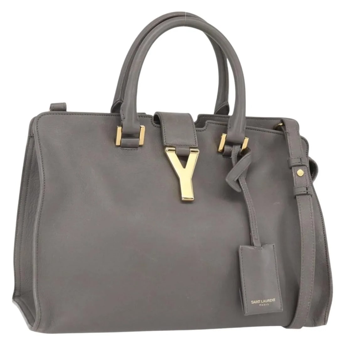 Classic Y Cabas gray leather handbag by Saint Laurent: Classic Y Cabas gray leather handbag by Saint Laurent The Saint Laurent Classic Y Cabas is crafted in gray leather and designed for women. This pre-owned bag is in fair condition, exhibiting significa