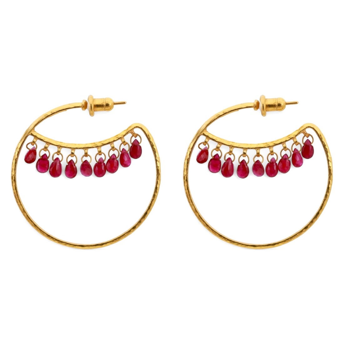 24K Yellow Gold Hoop Earrings with Faceted Pear Rubies by GURHAN: 24K Yellow Gold Hoop Earrings with Faceted Pear Rubies by GURHAN These GURHAN hoop earrings are crafted from 24K yellow gold and feature a total of 18 natural, faceted pear-shaped rubies in a vibrant 