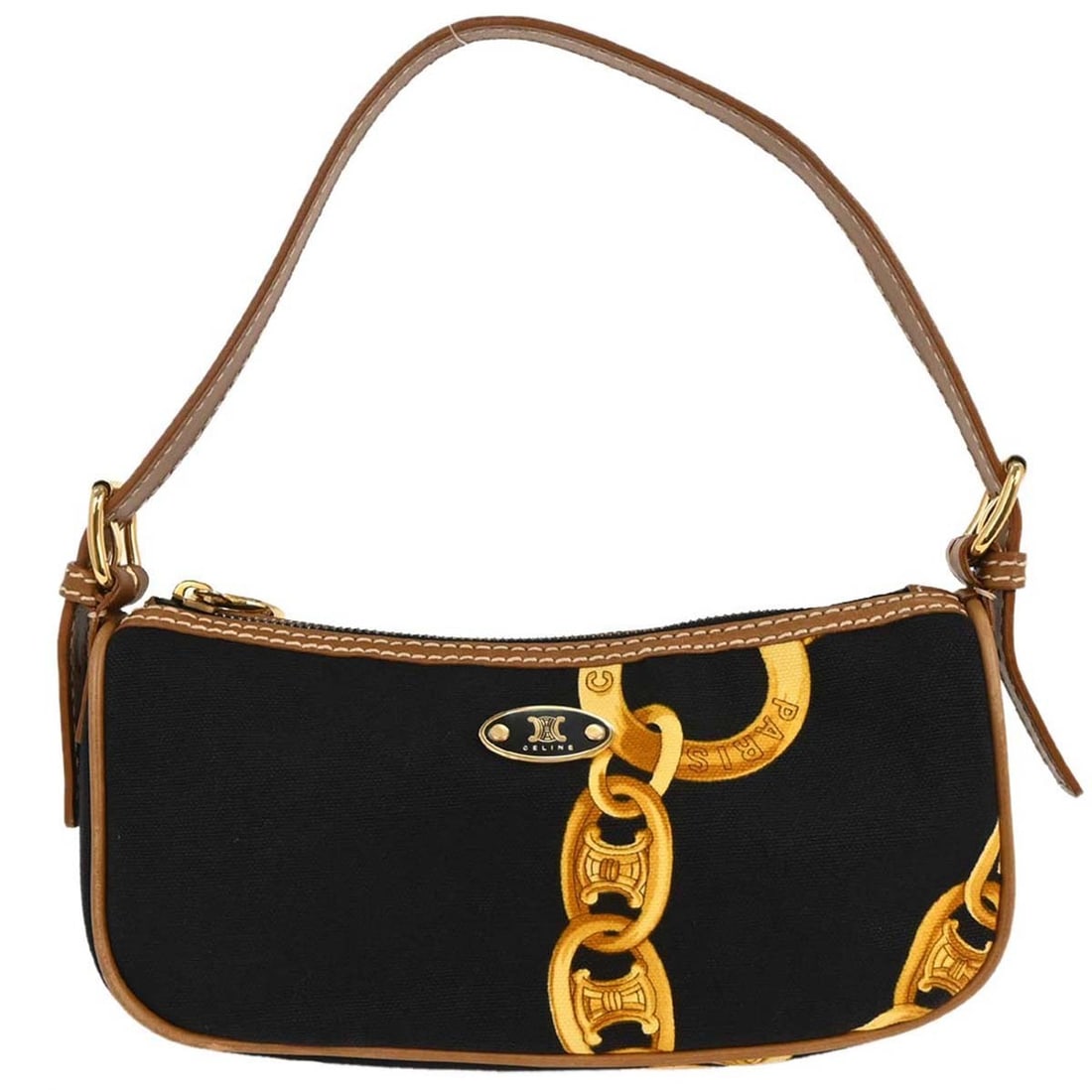CELINE Chain Print Small Top Handle Bag Black Canvas Leather: CELINE Chain Print Small Top Handle Bag Black Canvas Leather Celine top handle handbag in black chain print canvas and leather. This small women's bag features logo accents, an interior pocket, and an