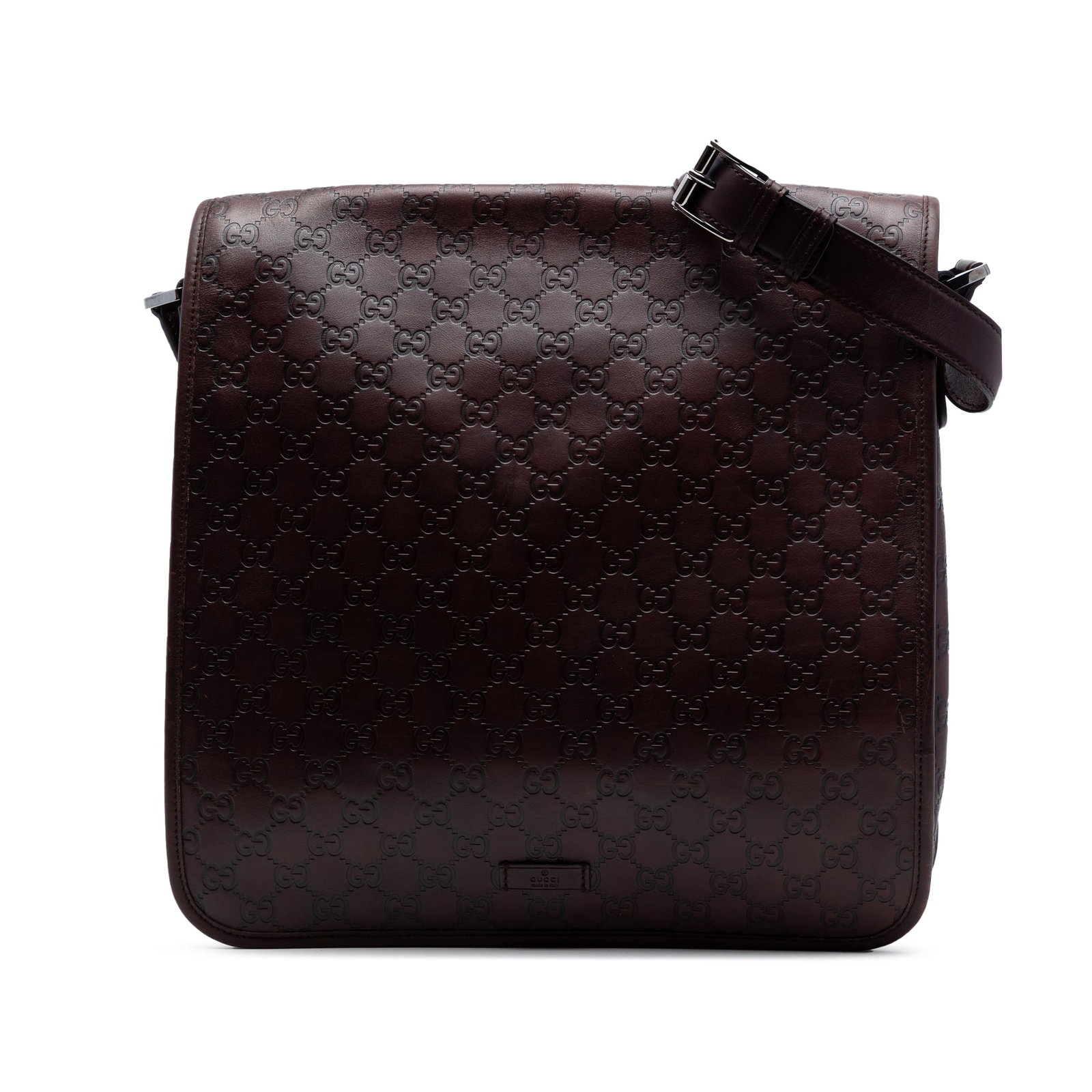 Gucci Guccissima Brown Leather Flap Crossbody Bag: Gucci Guccissima Brown Leather Flap Crossbody Bag Gucci Guccissima Crossbody bag in brown embossed leather with an adjustable flat leather strap, front flap with magnetic snap button closure, and inte