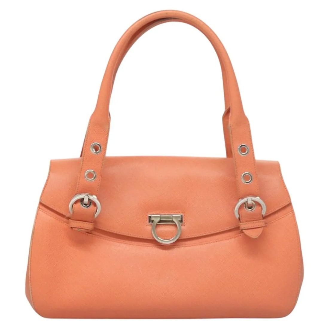Orange Leather Handbag Salvatore Ferragamo Gancini Italy: Orange Leather Handbag Salvatore Ferragamo Gancini Italy Salvatore Ferragamo Gancini leather bag in orange. Made in Italy, this women's bag is presented in fair vintage condition with honest wear. The