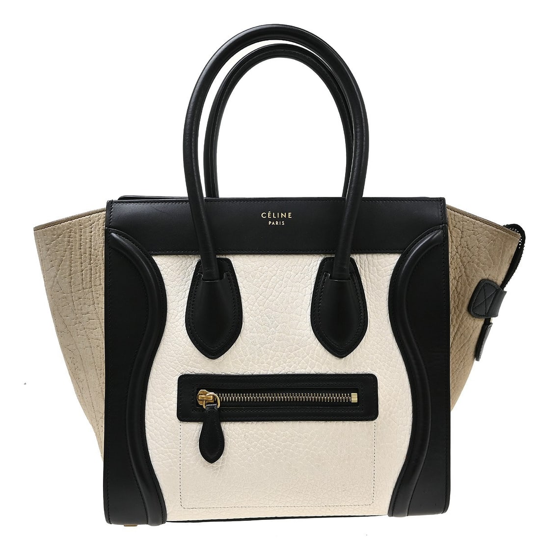 CELINE Luggage Micro Tricolor Leather Top Handle Bag: CELINE Luggage Micro Tricolor Leather Top Handle Bag Celine tricolor Luggage Micro tote handbag in leather with top handles and logo accent. This women's handbag is made in Italy and features an exter