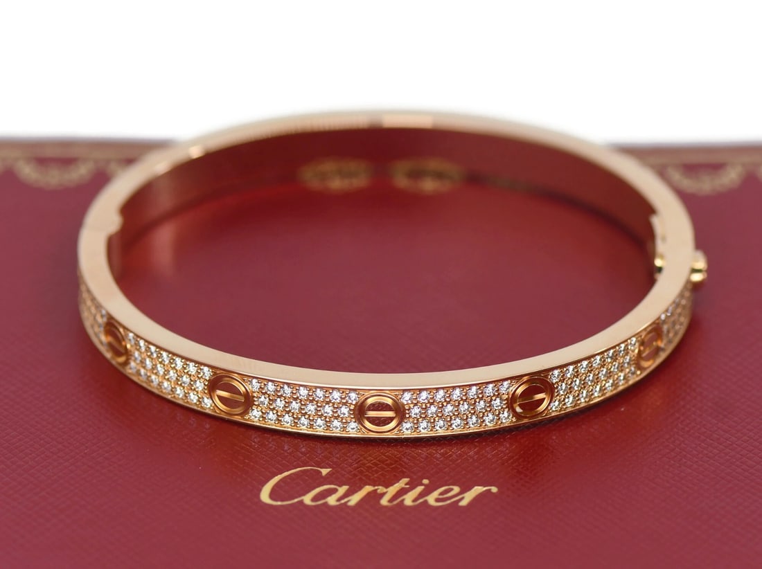 Cartier Love Pave Diamond Bracelet 18K Rose Gold Size 19: Cartier Love Pave Diamond Bracelet 18K Rose Gold Size 19 Pre-owned Cartier Love bangle bracelet in 18k rose gold with pave-set diamonds. This bracelet comes with the original purchase receipt, a recen
