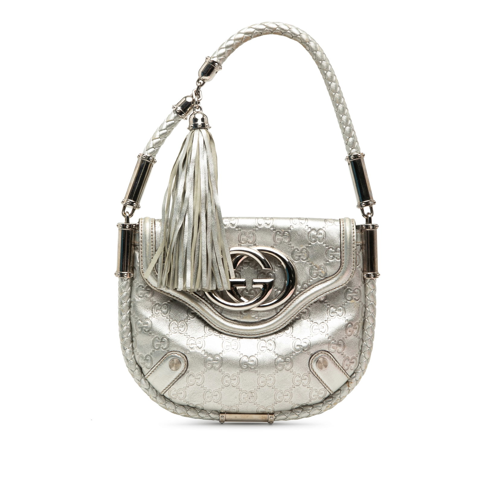Gucci Britt Medium Guccissima Metallic Leather Flap Bag: Gucci Britt Medium Guccissima Metallic Leather Flap Bag Medium Gucci Britt flap handbag in metallic Guccissima leather with a braided strap and tassel detail. The bag features a front flap with magnet