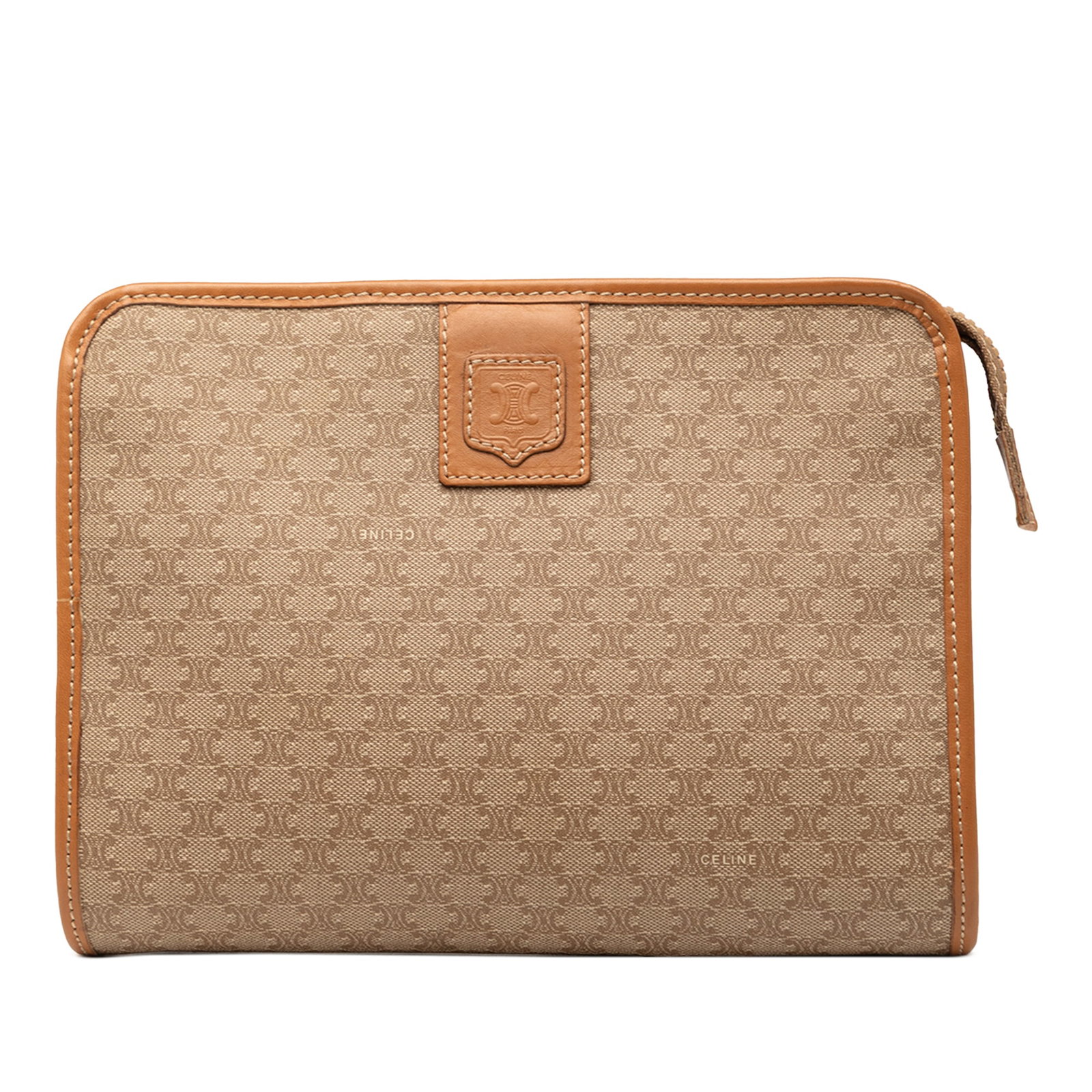 Celine Macadam zip clutch bag in coated canvas and leather: Celine Macadam zip clutch bag in coated canvas and leather Celine Macadam coated canvas clutch with leather trim and a top zip closure. Made in Italy, this beige clutch has a compact profile and shows