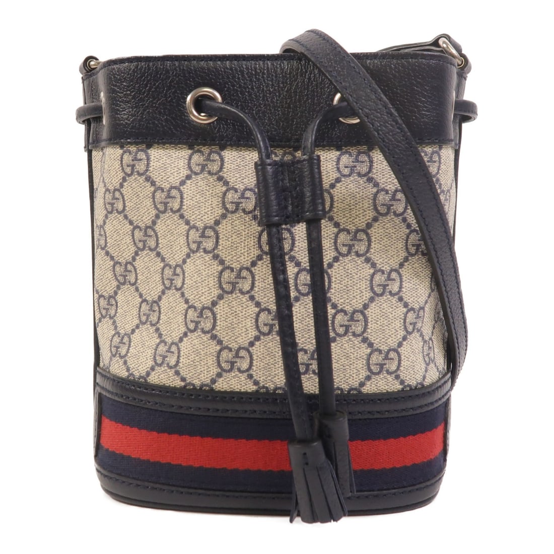 Gucci Ophidia GG Mini Blue Coated Canvas Shoulder Bag: Gucci Ophidia GG Mini Blue Coated Canvas Shoulder Bag This Gucci Ophidia GG Mini Bucket Shoulder Bag features a blue PVC coated canvas exterior, offering a stylish and durable design. Crafted in Italy