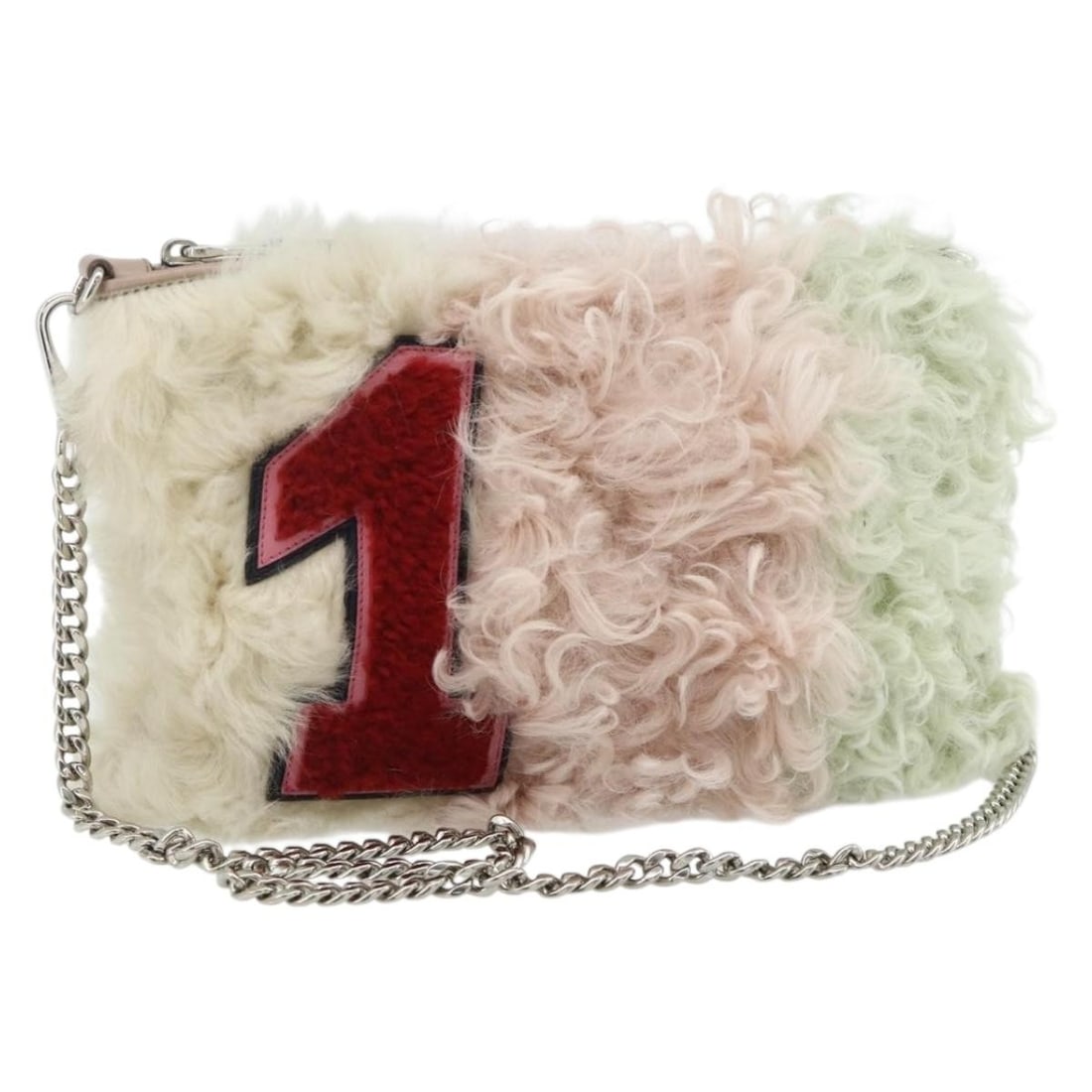 Miu Miu Fur Shoulder Bag Pink White Green with Dust Bag: Miu Miu Fur Shoulder Bag Pink White Green with Dust Bag This Miu Miu shoulder bag features a unique fur exterior in a striking combination of pink, white, and green. Designed for women, the bag is cra