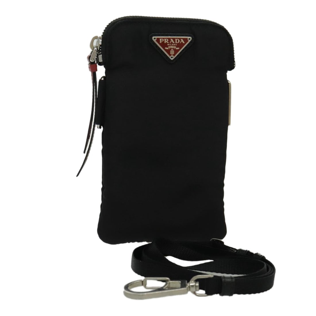 Prada Black Nylon Shoulder Pouch with Silver Accents and Dust Bag: Prada Black Nylon Shoulder Pouch with Silver Accents and Dust Bag This Prada shoulder pouch is crafted from durable black nylon with silver-tone details. Designed for women, it features a compact silh