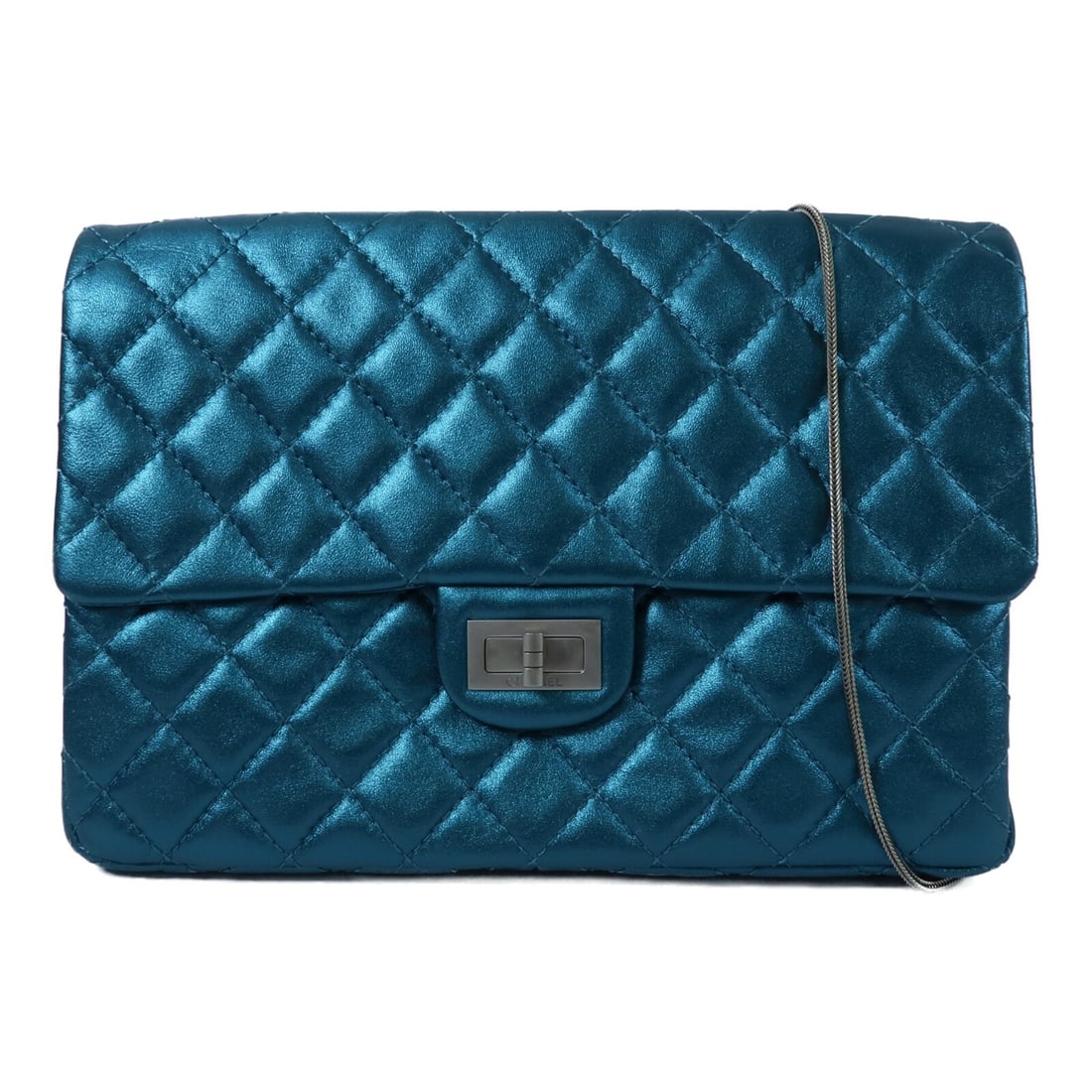 CHANEL Blue Lambskin Reissue 2.55 Chain Shoulder Bag: CHANEL Blue Lambskin Reissue 2.55 Chain Shoulder Bag This CHANEL 2.55 Reissue Medium Chain Shoulder Bag is crafted from luxurious blue lambskin leather. Featuring the iconic CC design and silver-tone 