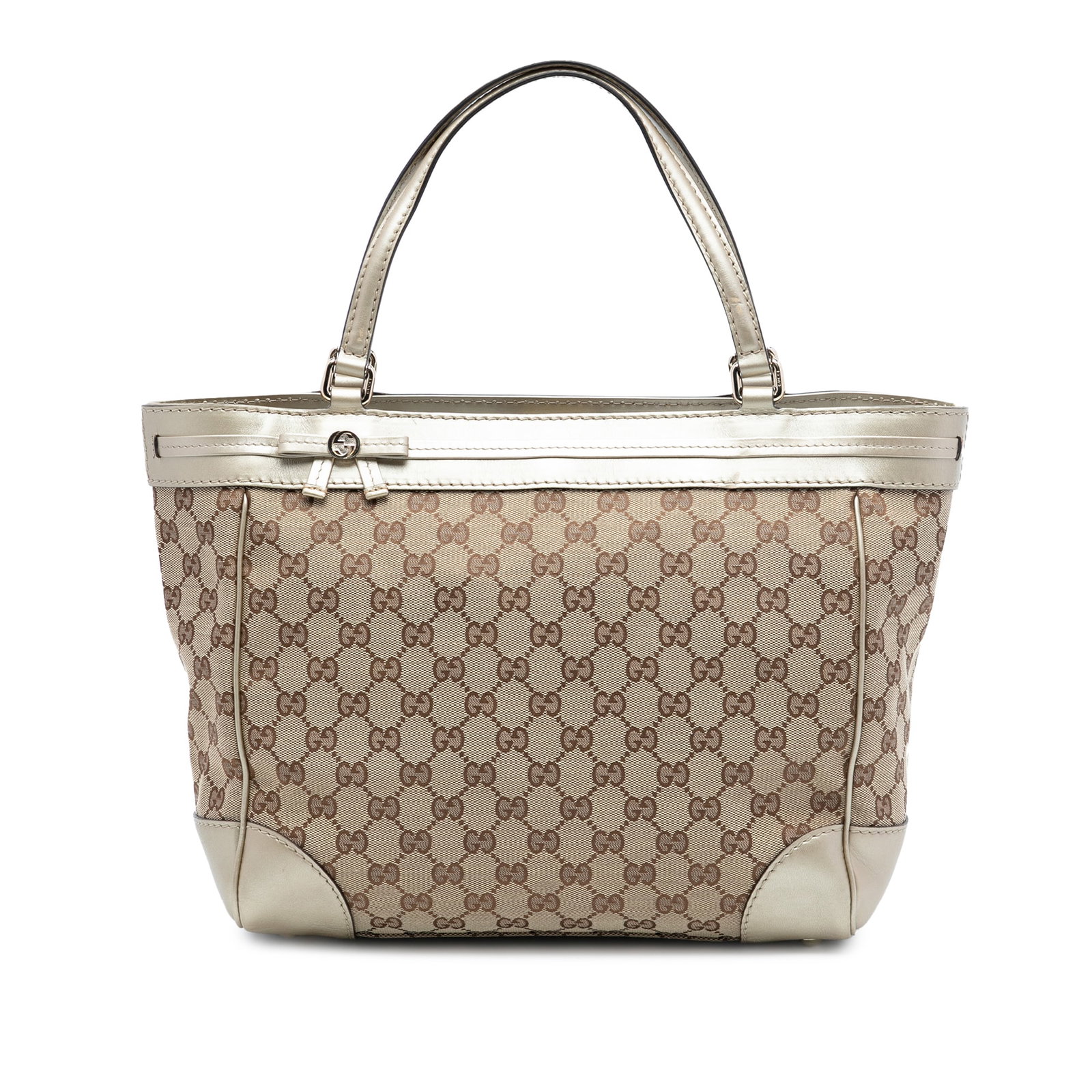 Gucci Mayfair Tote Beige GG Canvas with Leather Trim: Gucci Mayfair Tote Beige GG Canvas with Leather Trim The Gucci GG Canvas Mayfair Tote features a beige fabric body with leather trim, flat leather straps, and an open top secured by a magnetic snap bu
