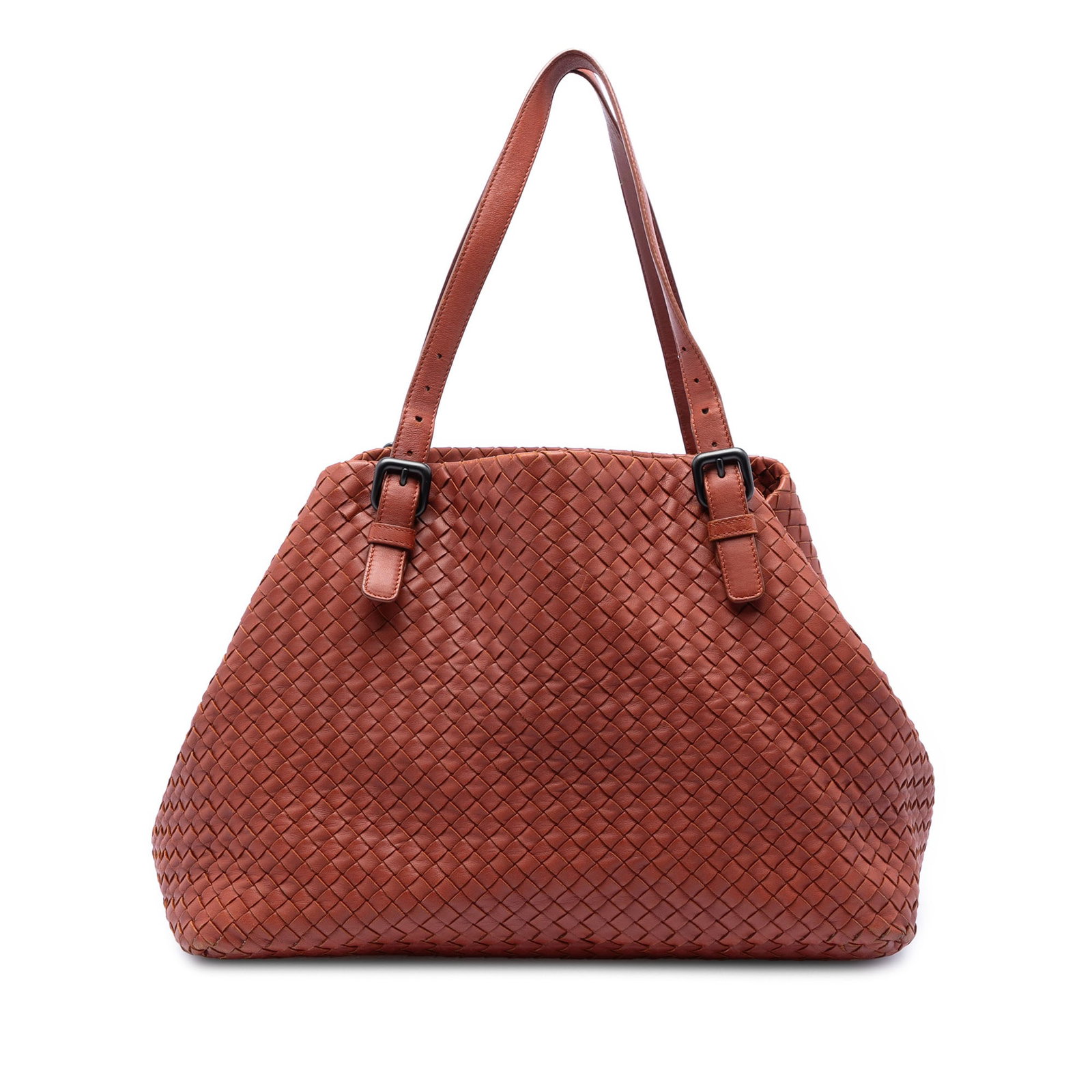 Bottega Veneta Red Leather Cesta Tote Large Intrecciato: Bottega Veneta Red Leather Cesta Tote Large Intrecciato This Bottega Veneta Large Nappa Intrecciato Cesta Tote is crafted in Italy from woven leather in a striking red color. The tote features adjusta