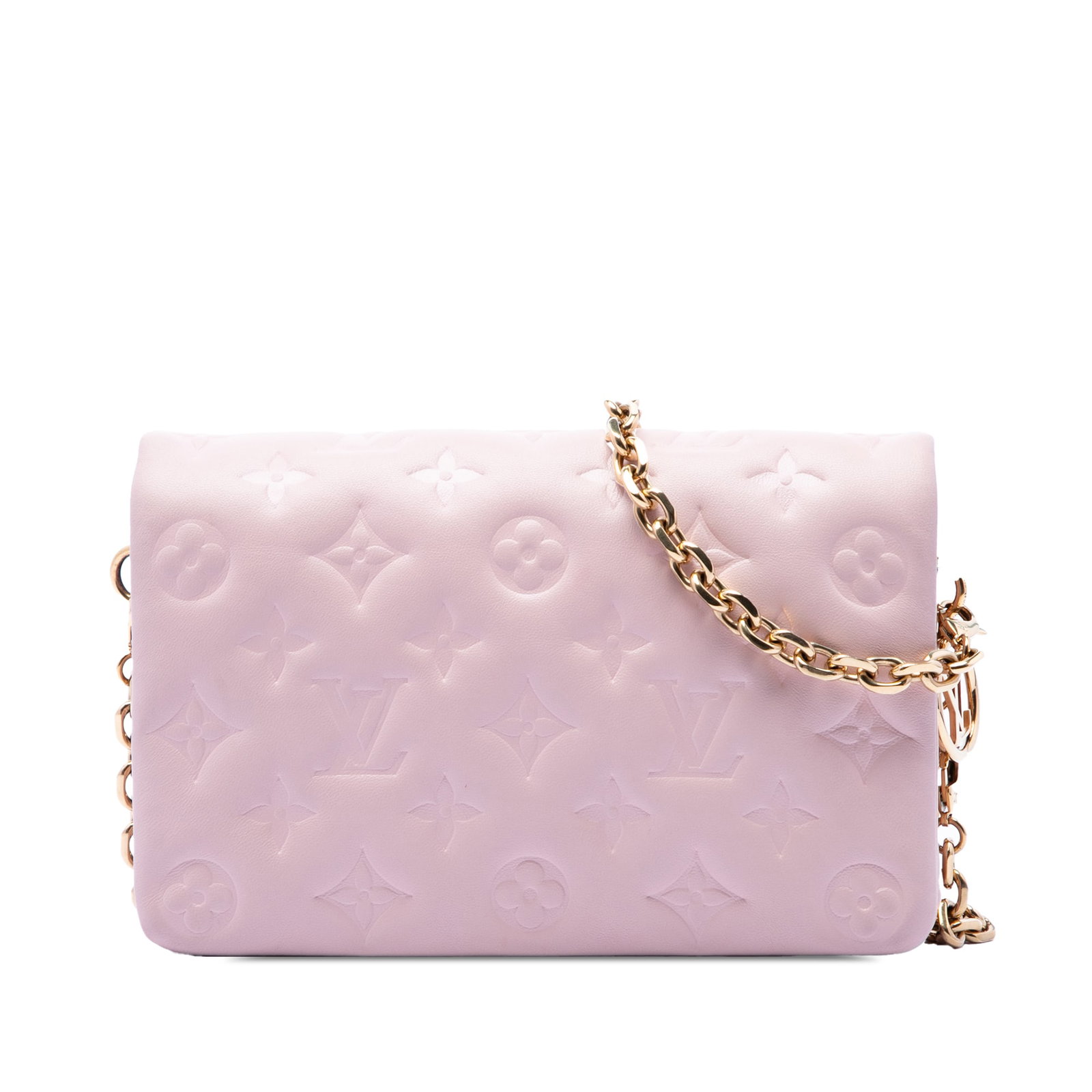 Louis Vuitton Pochette Coussin Pink Monogram Embossed Lambskin Bag: Louis Vuitton Pochette Coussin Pink Monogram Embossed Lambskin Bag This Louis Vuitton Pochette Coussin is crafted in pink monogram-embossed lambskin leather. The bag features a detachable chain strap,