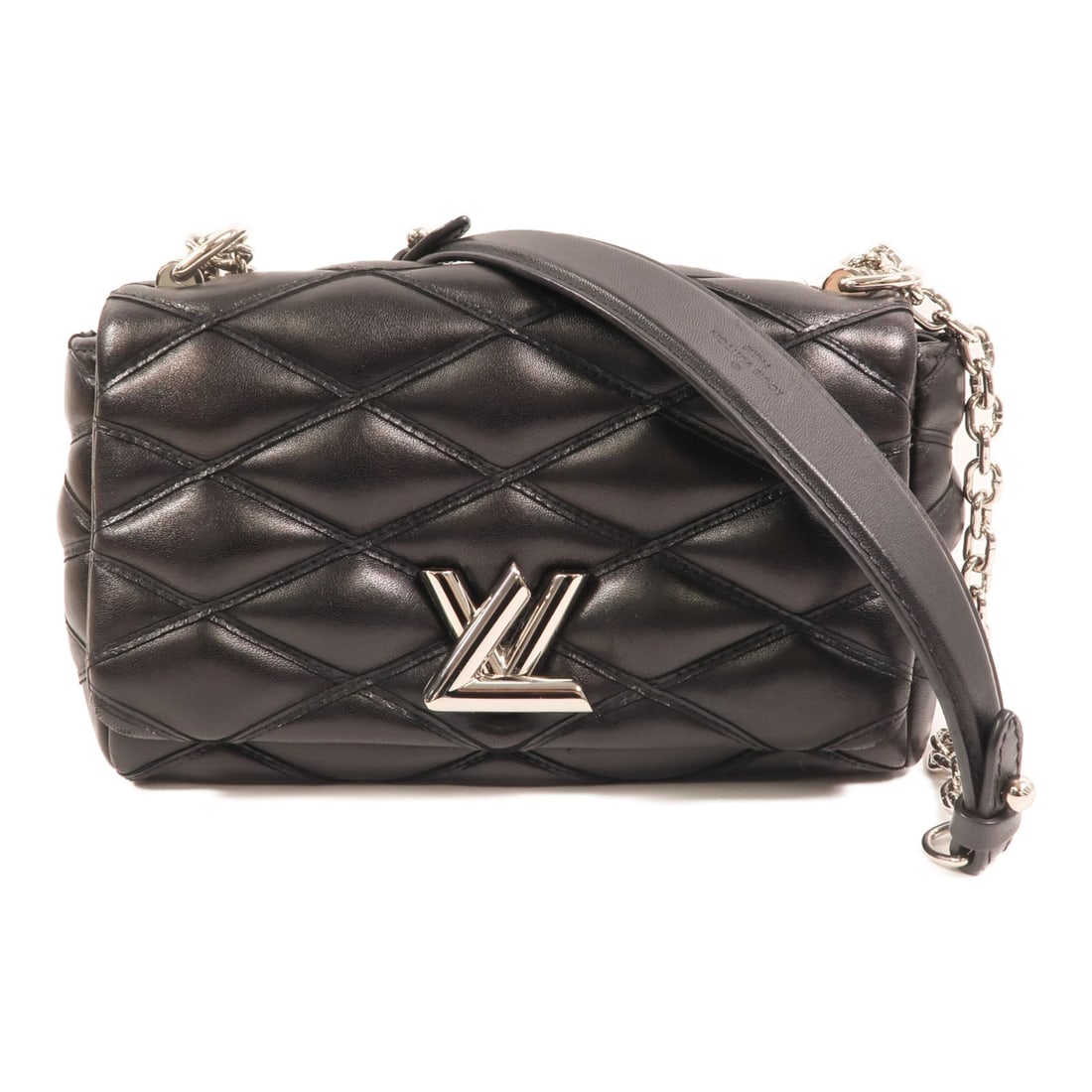Louis Vuitton Go-14 PM Black Leather Shoulder Bag with Silver Hardware: Louis Vuitton Go-14 PM Black Leather Shoulder Bag with Silver Hardware This Louis Vuitton Go-14 PM chain shoulder bag features black Malletage leather and silver-tone hardware. Designed for women, the