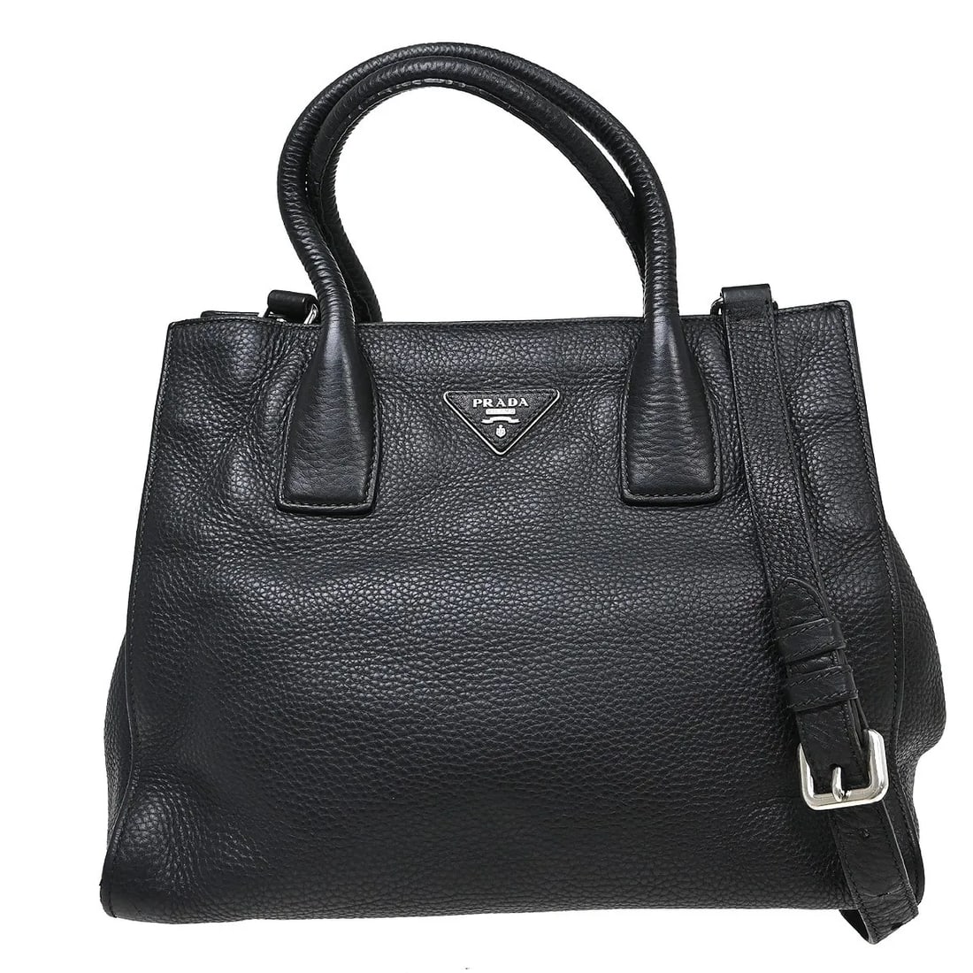 Prada Vitello Daino Black Leather Convertible Tote: Prada Vitello Daino Black Leather Convertible Tote This Prada Vitello Daino Convertible Tote is crafted from black leather and features a versatile design suitable for everyday use. Made in Italy, the