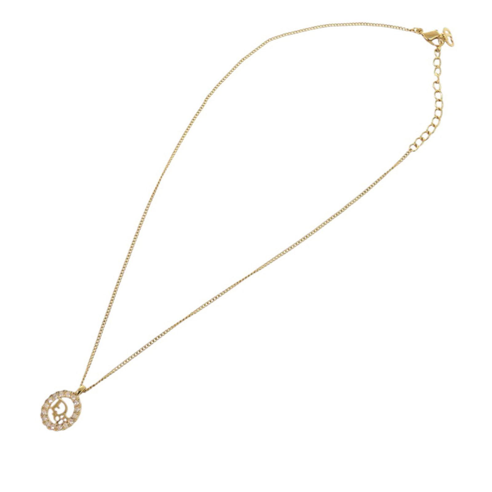 Dior Pendant Necklace with Gold Tone Logo and Rhinestone Accents: Dior Pendant Necklace with Gold Tone Logo and Rhinestone Accents This Dior necklace features a gold-tone metal pendant adorned with rhinestones and is paired with a matching gold-tone chain. The neckl