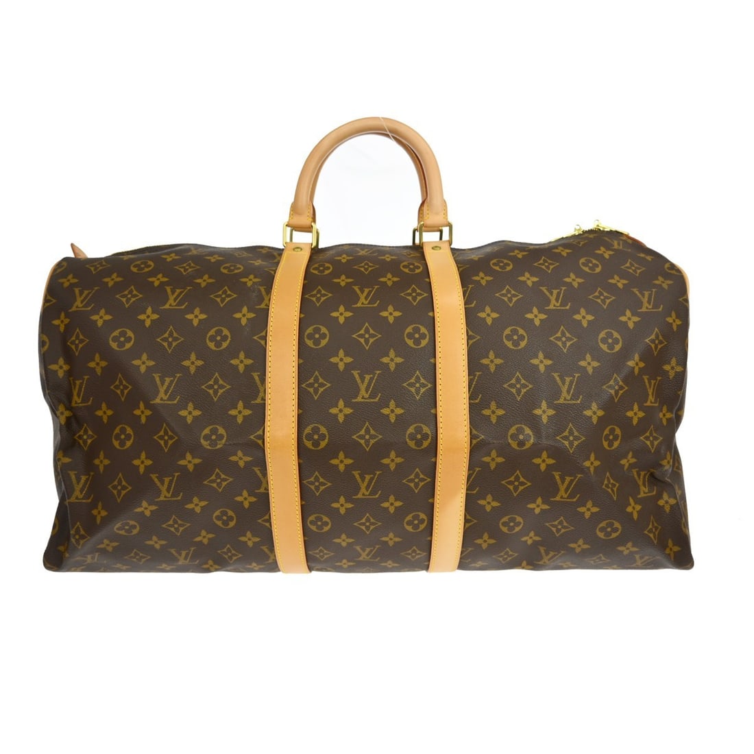 Louis Vuitton Keepall 55 Monogram Canvas Duffle Bag M41424: Louis Vuitton Keepall 55 Monogram Canvas Duffle Bag M41424 Vintage Louis Vuitton Keepall 55 travel handbag in Monogram canvas with leather trim. This extra large duffle-style bag features double leath