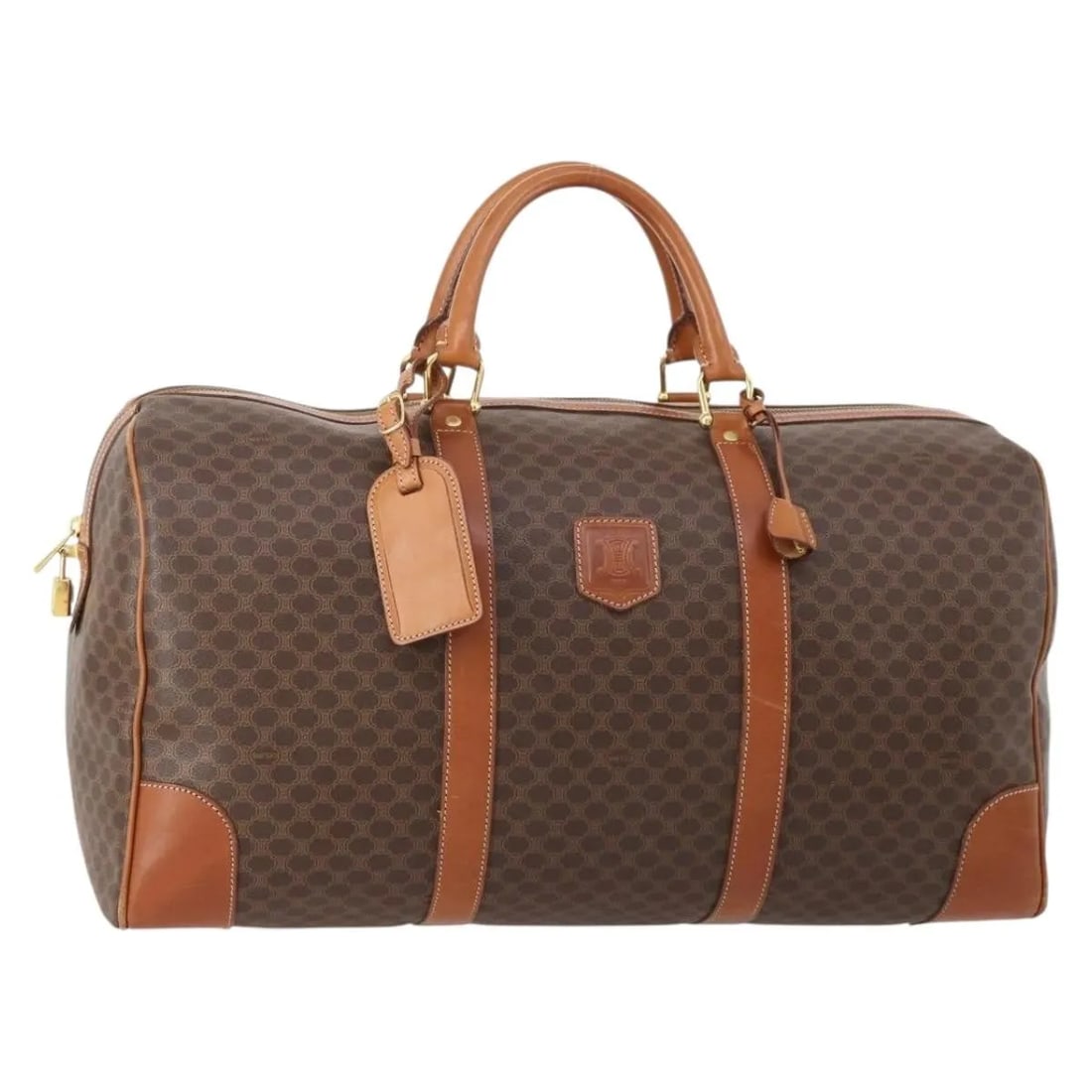 Celine Vintage Macadam Boston Bag PVC Brown Unisex: Celine Vintage Macadam Boston Bag PVC Brown Unisex Vintage Celine Macadam Boston bag in brown with PVC construction. This unisex piece shows visible wear consistent with use, including loss of shape, 