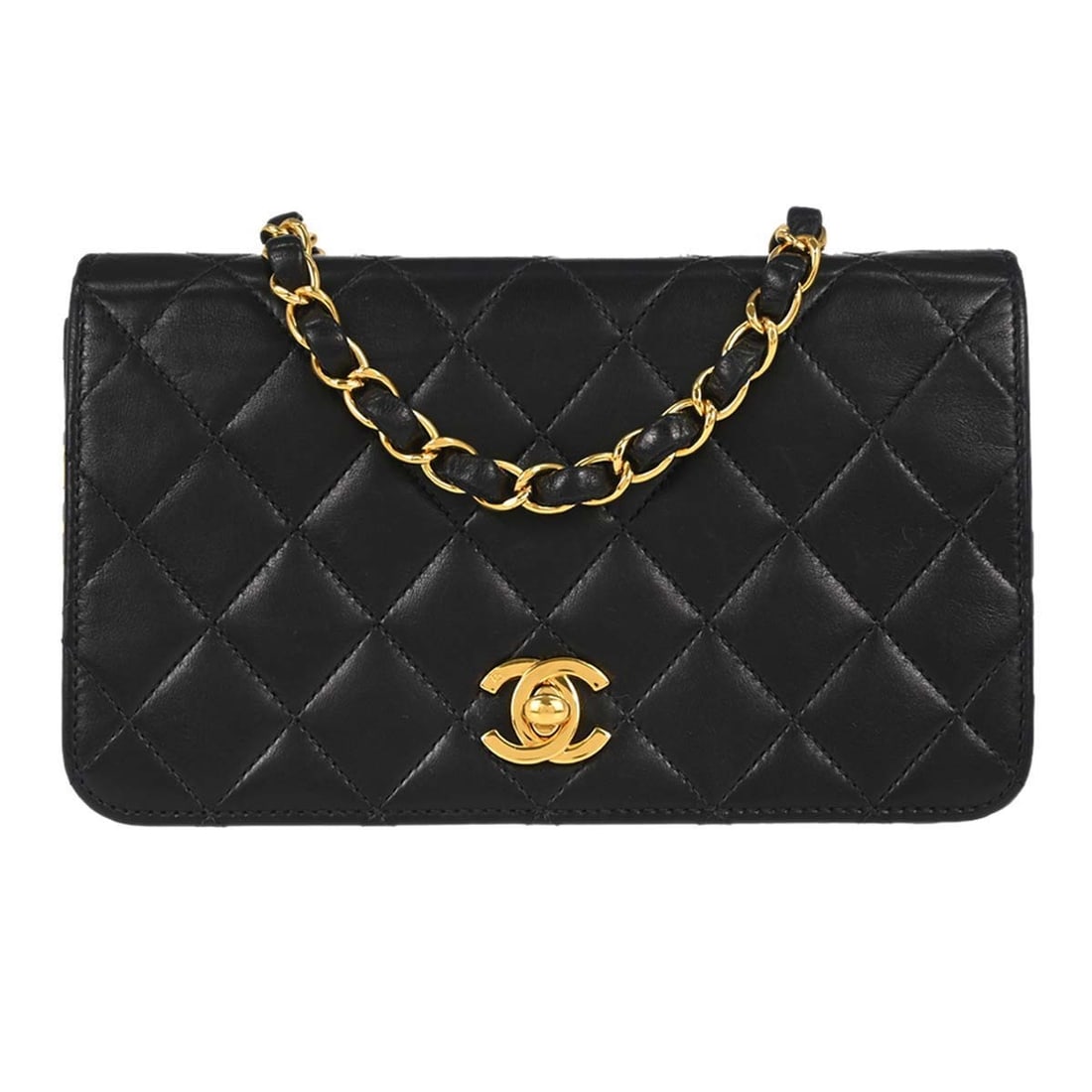 CHANEL Single Chain Shoulder Mini Full Flap Lambskin Bag: CHANEL Single Chain Shoulder Mini Full Flap Lambskin Bag Chanel Full Flap shoulder bag in black lambskin leather with a quilted matelasse finish and turn lock flap closure. This small women's bag feat