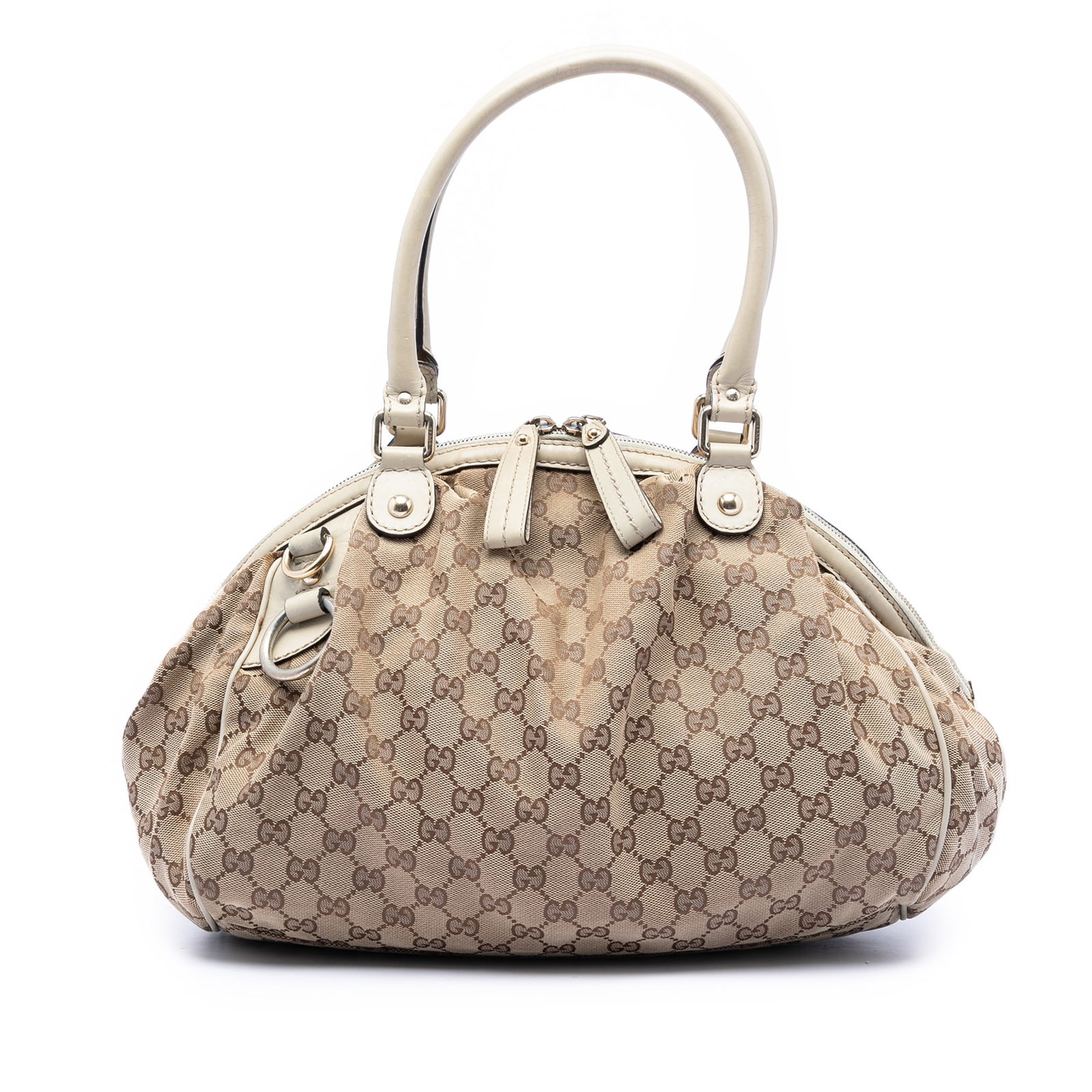Gucci Sukey Beige Canvas Satchel Bag: Gucci Sukey Beige Canvas Satchel Bag This Gucci GG Canvas Sukey Satchel features a beige canvas body with leather trim and rolled leather handles. It is designed with a top zip closure and includes an