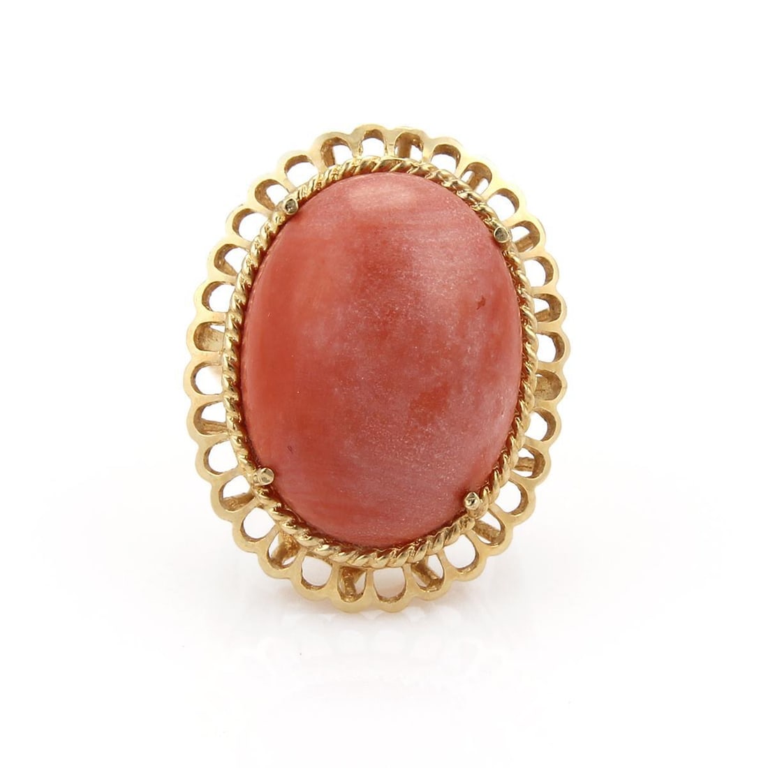 Vintage 14k Yellow Gold Coral Ring Large Oval Size 7: Vintage 14k Yellow Gold Coral Ring Large Oval Size 7 This exquisite vintage ring showcases a stunning large oval coral stone in shades of orange to pink, elegantly set in a polished 14k yellow gold ba