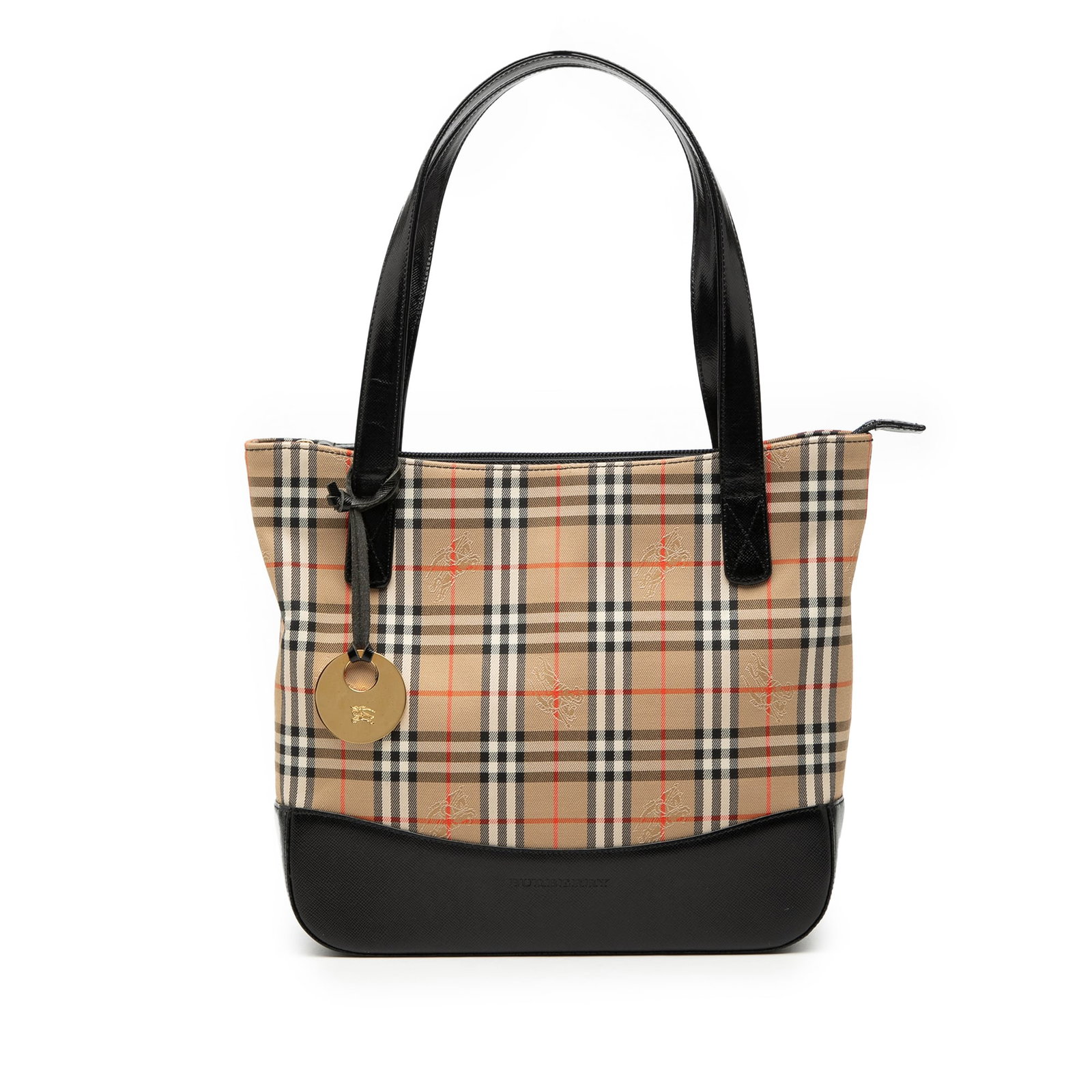 Haymarket Check Tote Bag with Leather Trim by Burberry: Haymarket Check Tote Bag with Leather Trim by Burberry This Burberry Haymarket Check Canvas Tote features a canvas body with leather trim, flat leather handles, a top zip closure, and interior slip po