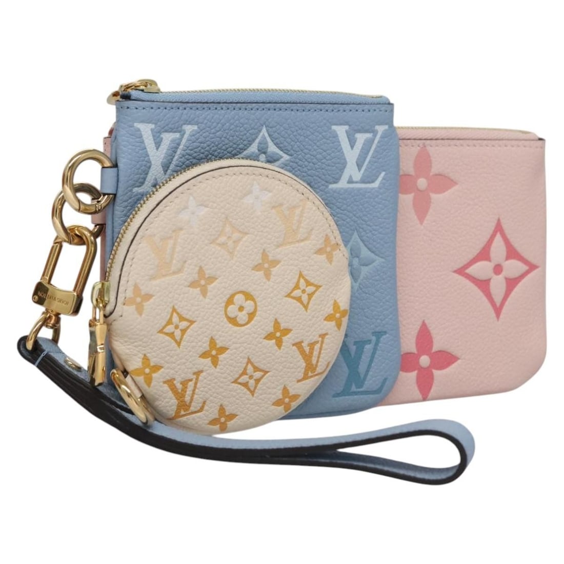 LOUIS VUITTON Monogram Empreinte Pink Pouch M80407 with Dust Bag: LOUIS VUITTON Monogram Empreinte Pink Pouch M80407 with Dust Bag This exquisite LOUIS VUITTON Monogram Empreinte Pochette Trio Pouch showcases a stunning pink and blue color combination crafted from p
