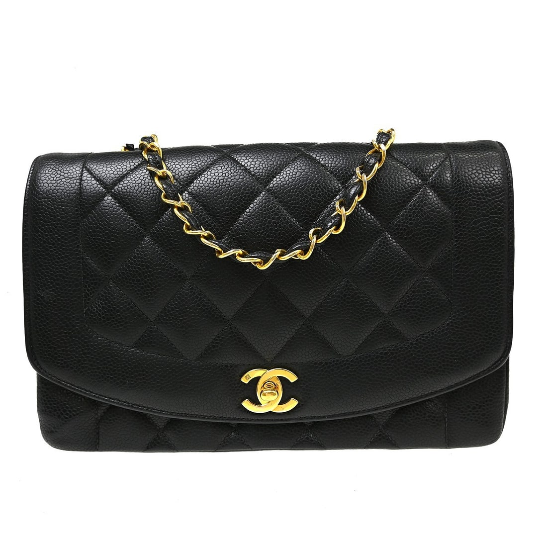 CHANEL Diana Medium Black Calfskin Shoulder Bag: CHANEL Diana Medium Black Calfskin Shoulder Bag Chanel Diana medium shoulder bag in black calfskin with a canvas lining and pocketed interior. Made in France, this women's shoulder bag features a shou