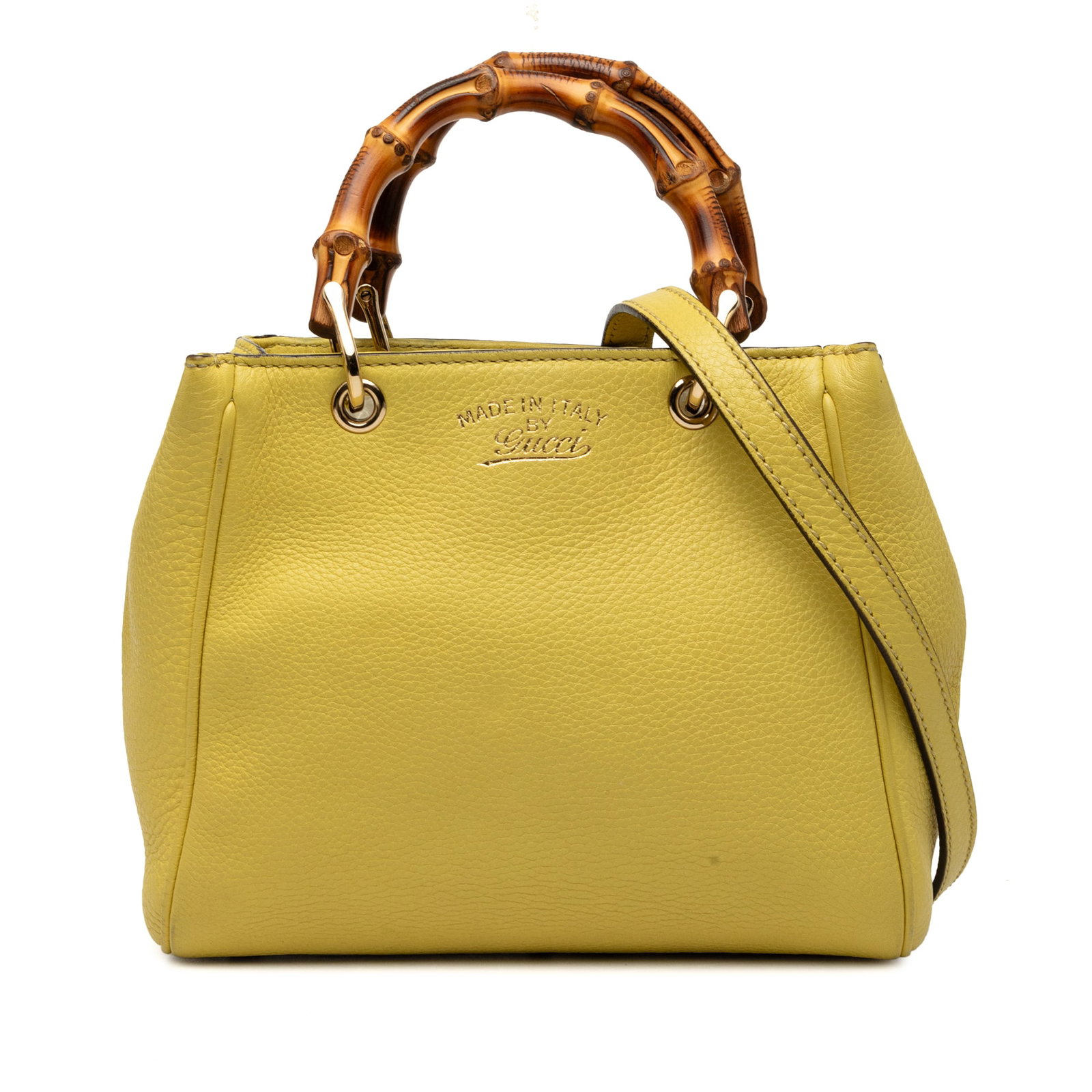 Gucci Bamboo Shopper Mini Calfskin Leather Satchel Yellow: Gucci Bamboo Shopper Mini Calfskin Leather Satchel Yellow Gucci Mini Calfskin Bamboo Shopper Satchel in yellow leather with bamboo top handles and a detachable, adjustable flat leather shoulder strap.