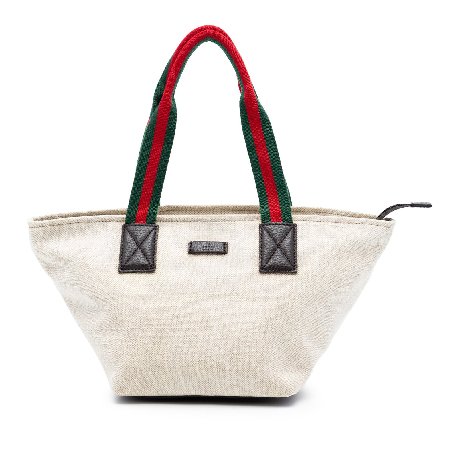 Gucci Brown Canvas Web Tote Bag: Gucci Brown Canvas Web Tote Bag This Gucci GG Canvas Web Tote features a durable canvas body with the signature GG motif, complemented by flat canvas web straps and a secure zip top closure. The inter