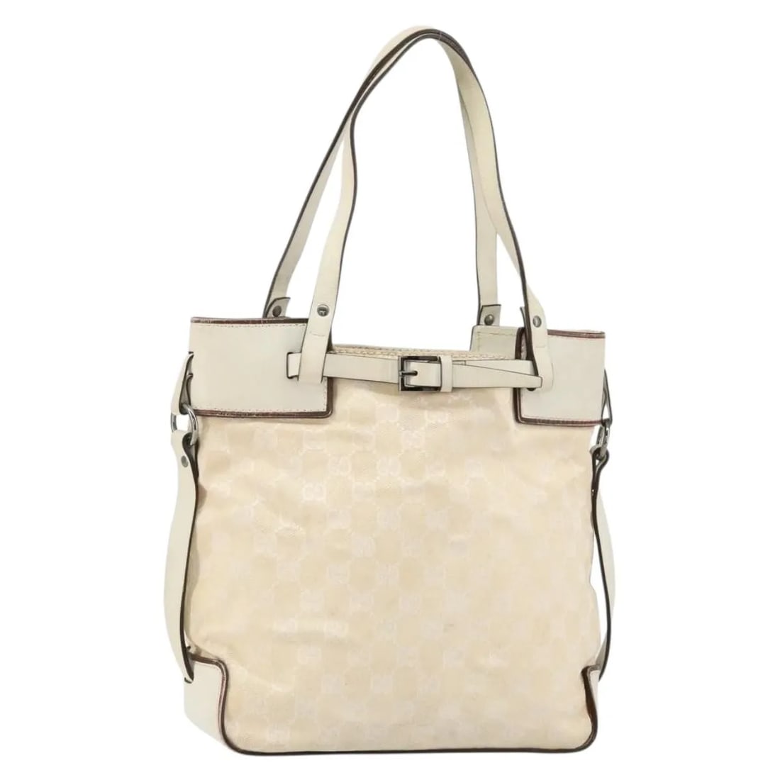 Gucci GG Canvas Tote with Leather Trim and Belt Detail: Gucci GG Canvas Tote with Leather Trim and Belt Detail This Gucci Belted Bucket Tote is crafted from GG canvas with leather accents in a beige color. Designed for women, the tote features a spacious i