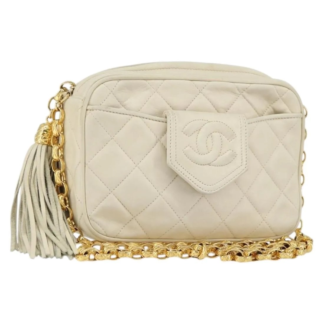 Chanel Quilted Lambskin Front Pocket Camera Bag Vintage Beige: Chanel Quilted Lambskin Front Pocket Camera Bag Vintage Beige This vintage Chanel Front Pocket Camera Bag is crafted from beige quilted lambskin leather. Designed for women, it features the classic ma
