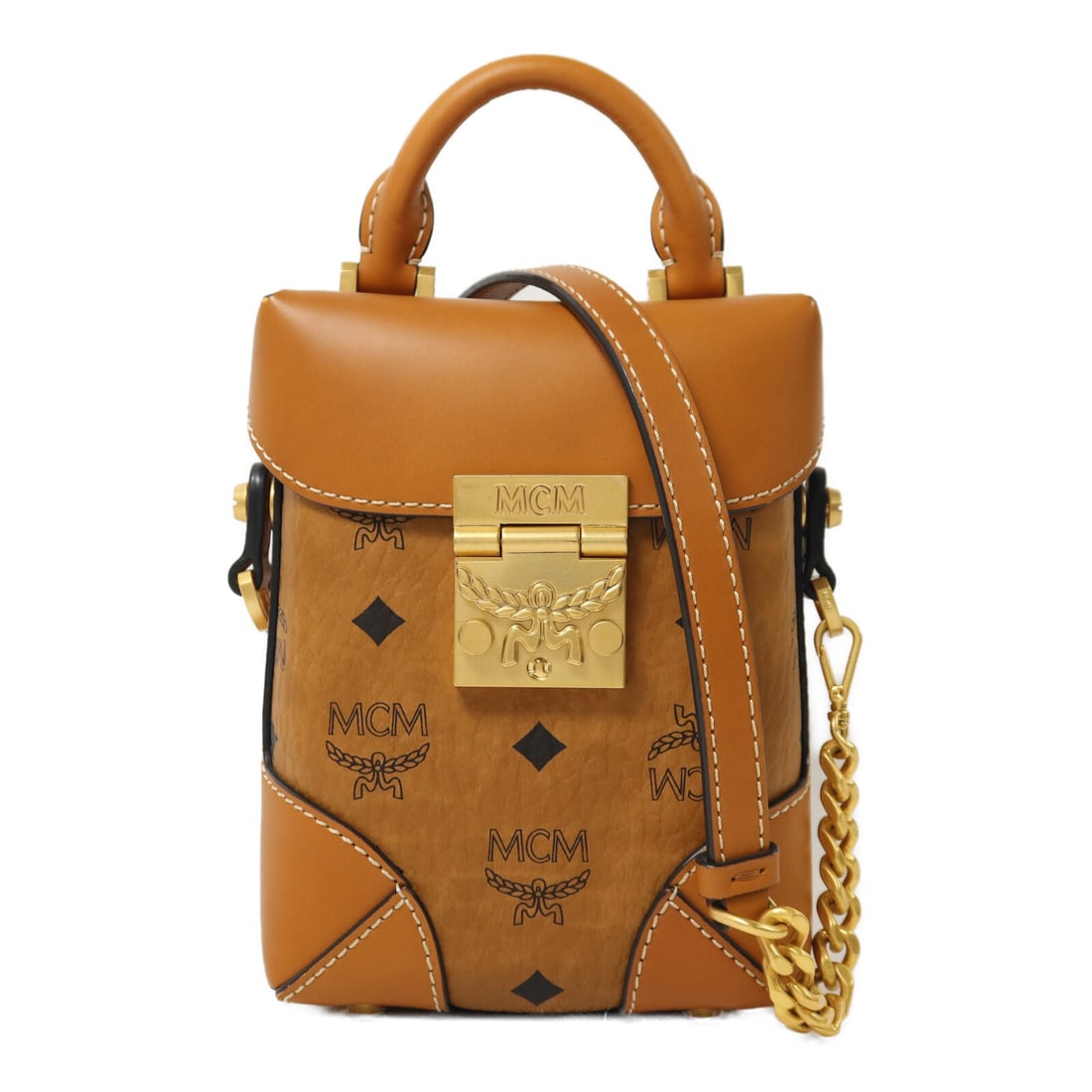 MCM Berlin Visetos Brown Calfskin Leather Chain Shoulder Bag Gold Hardware (1 of 14)