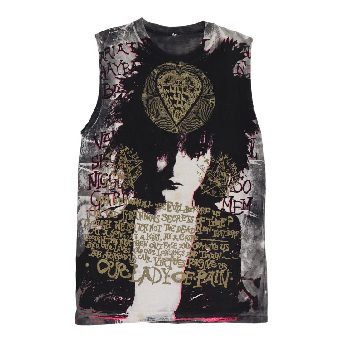 Vintage 1980s Siouxsie Sioux Our Lady Of Pain Cotton T-Shirt: Vintage 1980s Siouxsie Sioux Our Lady Of Pain Cotton T-Shirt This is an original vintage 1980s Siouxsie Sioux Our Lady Of Pain shirt. Made from 100% cotton, it features an all over print design with n