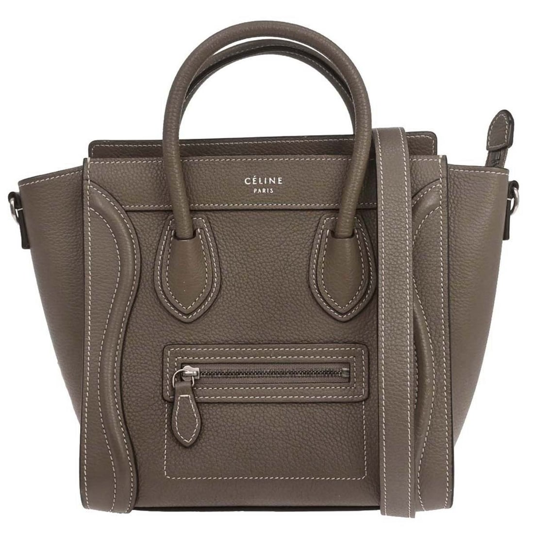 CELINE Nano Luggage Mini Brown Leather Top Handle Bag with Strap: CELINE Nano Luggage Mini Brown Leather Top Handle Bag with Strap Celine Nano Luggage 2way tote bag in brown leather with double handles, a zip closure, and logo accent. This mini top handle bag includ