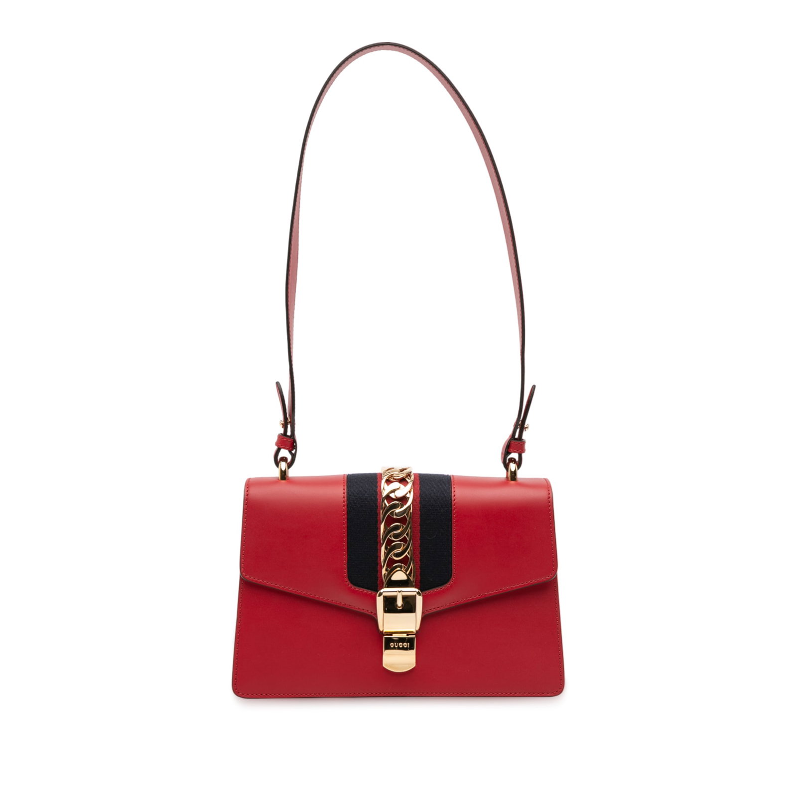 Gucci Sylvie Small Red Leather Satchel with Web Strap: Gucci Sylvie Small Red Leather Satchel with Web Strap This Gucci Small Leather Sylvie Web Satchel features a red leather body with signature web detail, a flat leather handle, a detachable flat leathe