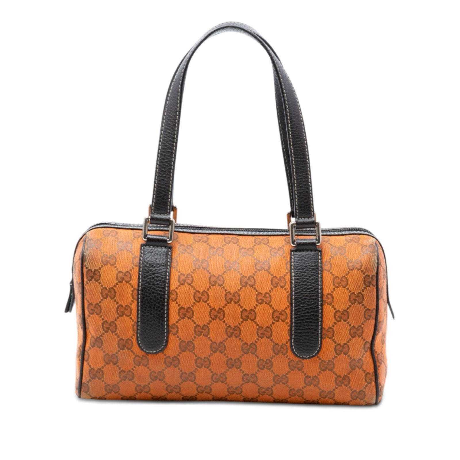 Gucci Orange Canvas Boston Bag with Leather Trim and Zip Closure: Gucci Orange Canvas Boston Bag with Leather Trim and Zip Closure This Gucci GG Canvas Boston Bag features a durable canvas body with leather trim and flat leather handles. The bag is secured with a to